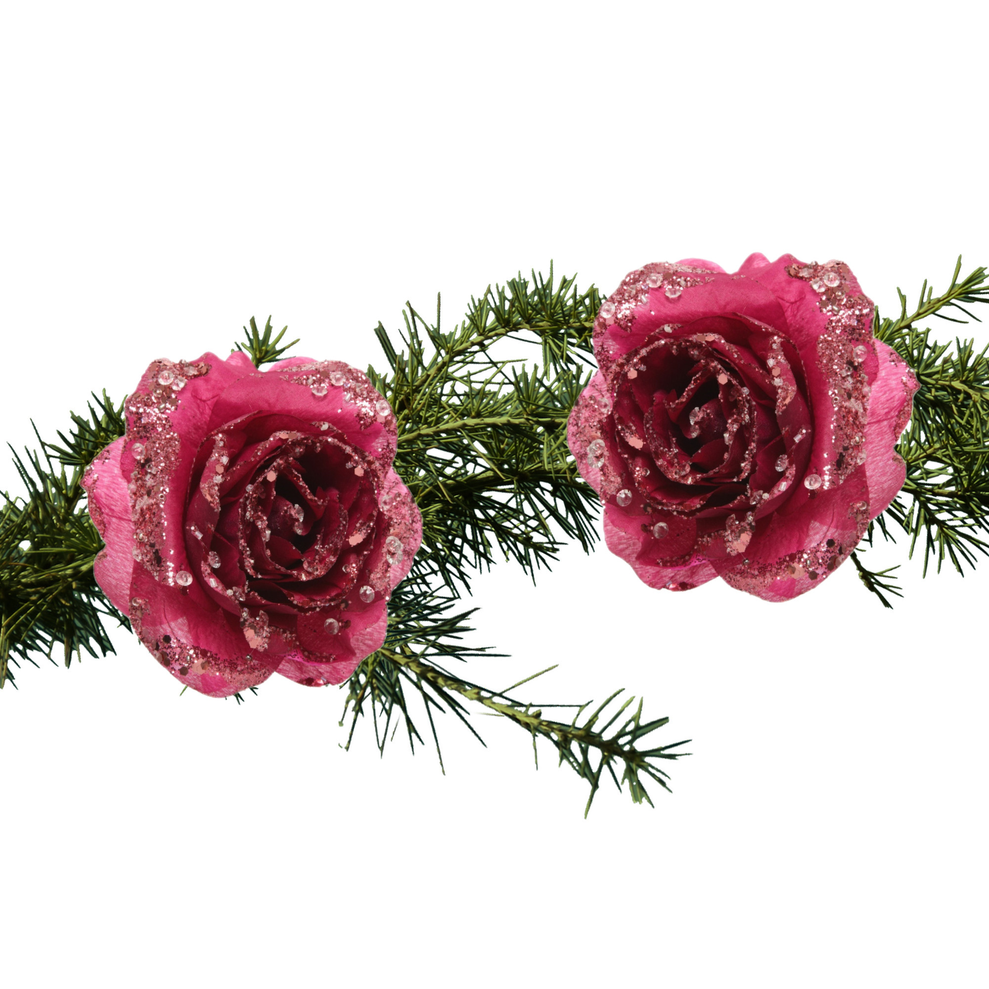 2x stuks kerstboom decoratie bloemen framboos roze glitter op clip 14 cm -
