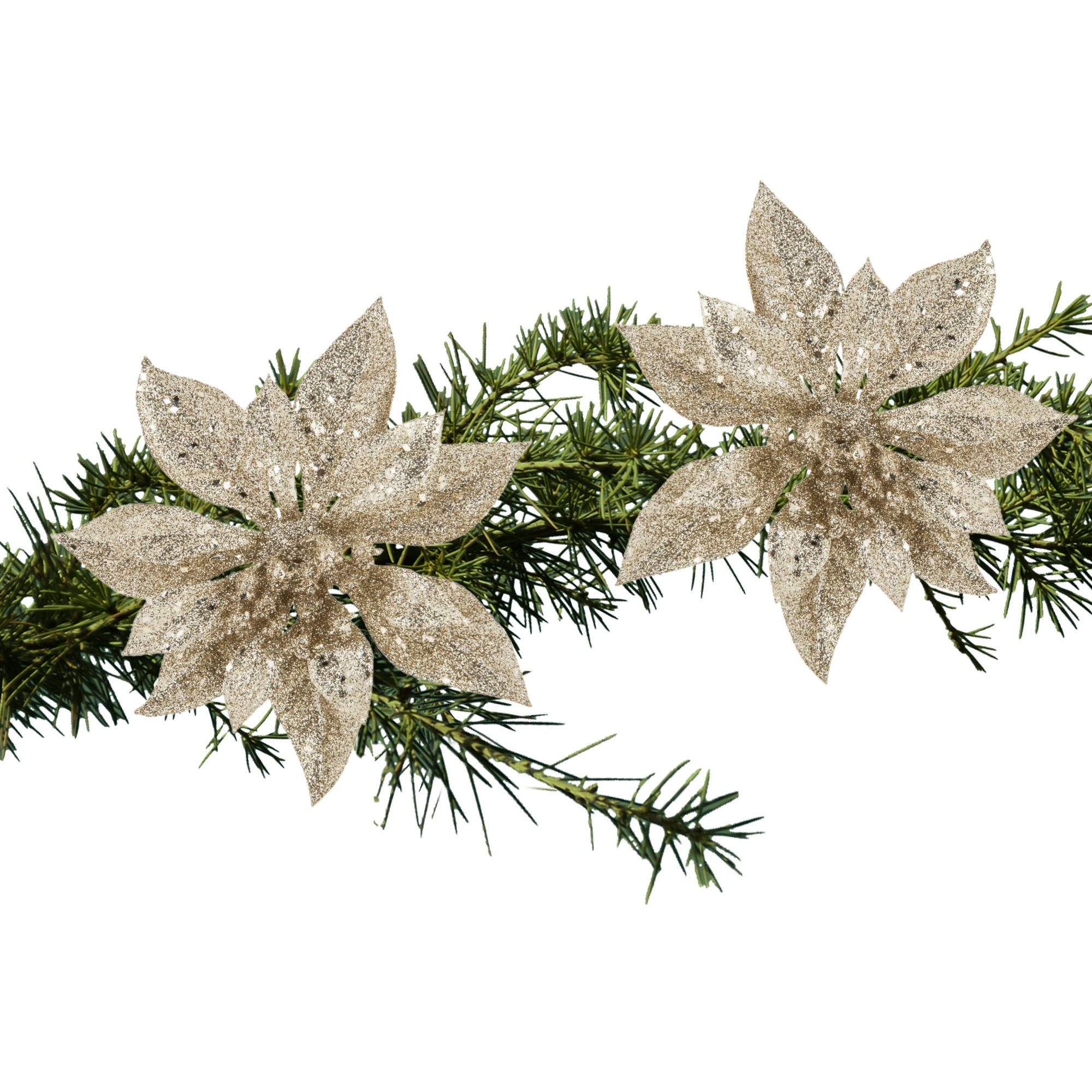 2x stuks kerstboom decoratie bloemen champagne glitter op clip 15 cm -