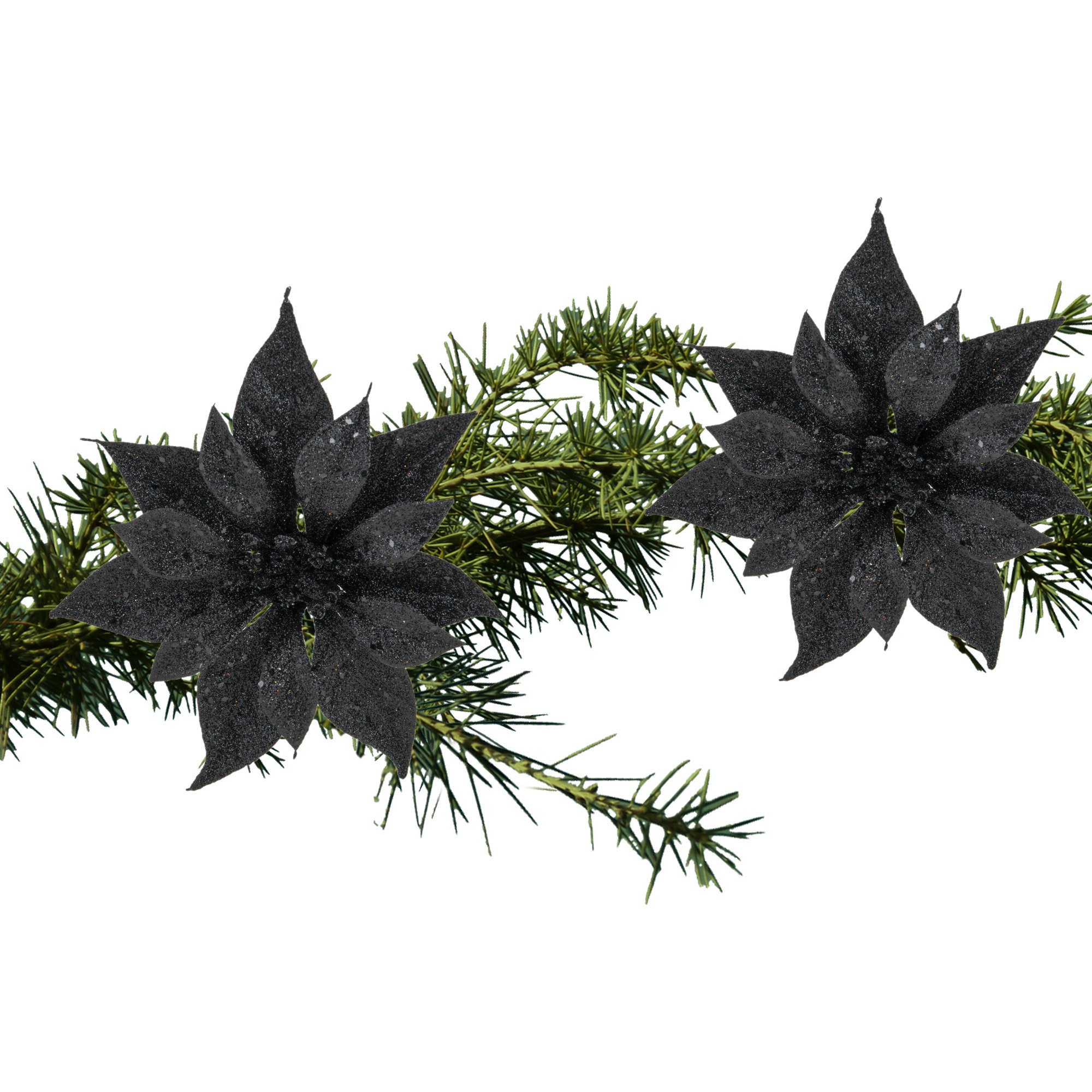2x stuks kerstboom decoratie bloemen zwart glitter op clip 18 cm -