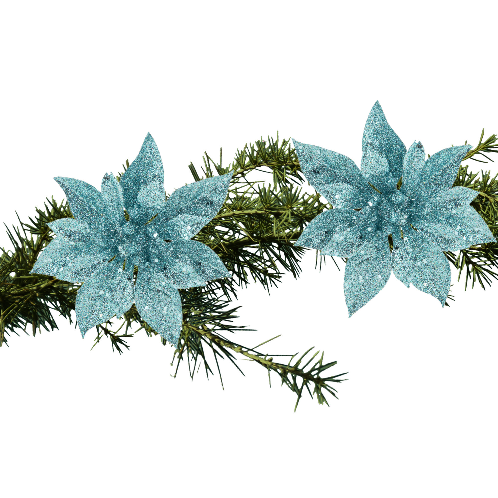 2x stuks kerstboom decoratie bloemen ijsblauw glitter op clip 15 cm -