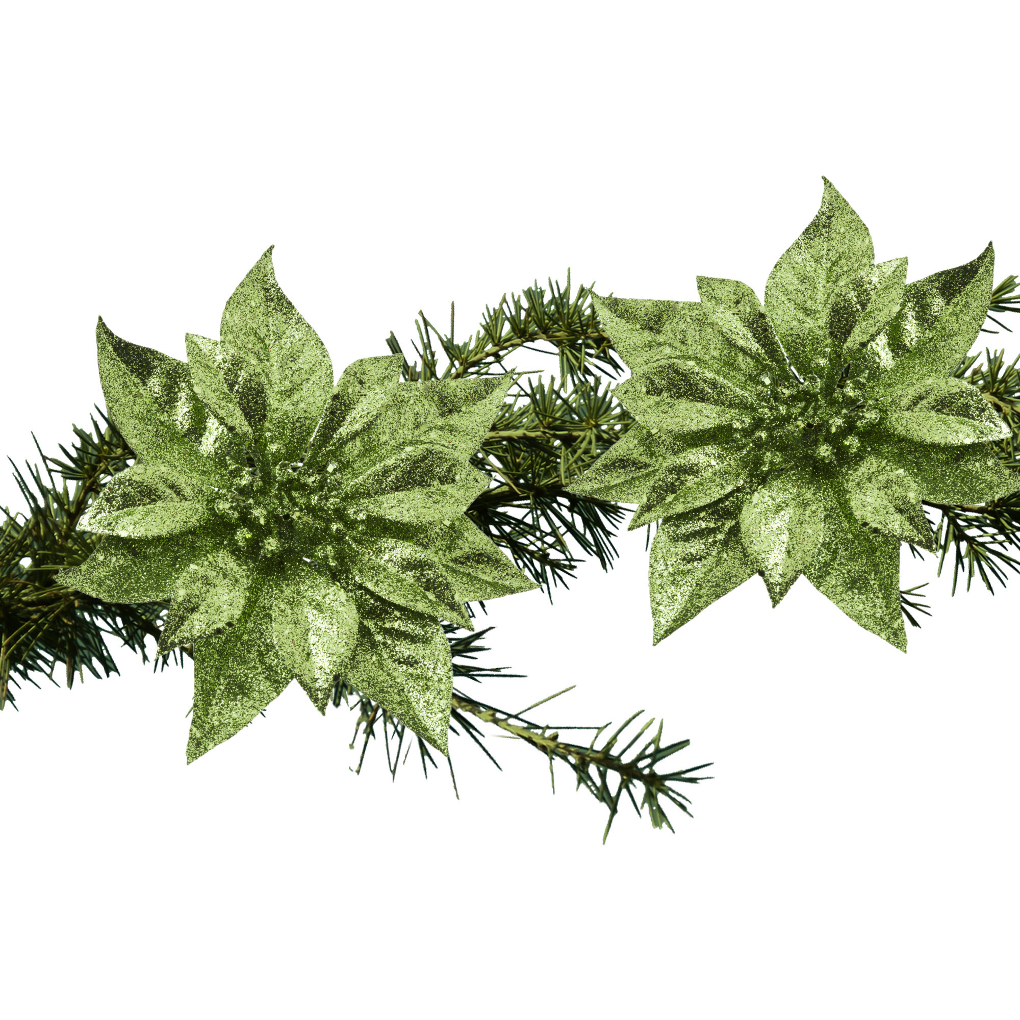 2x stuks kerstboom decoratie bloemen groen glitter op clip 18 cm -