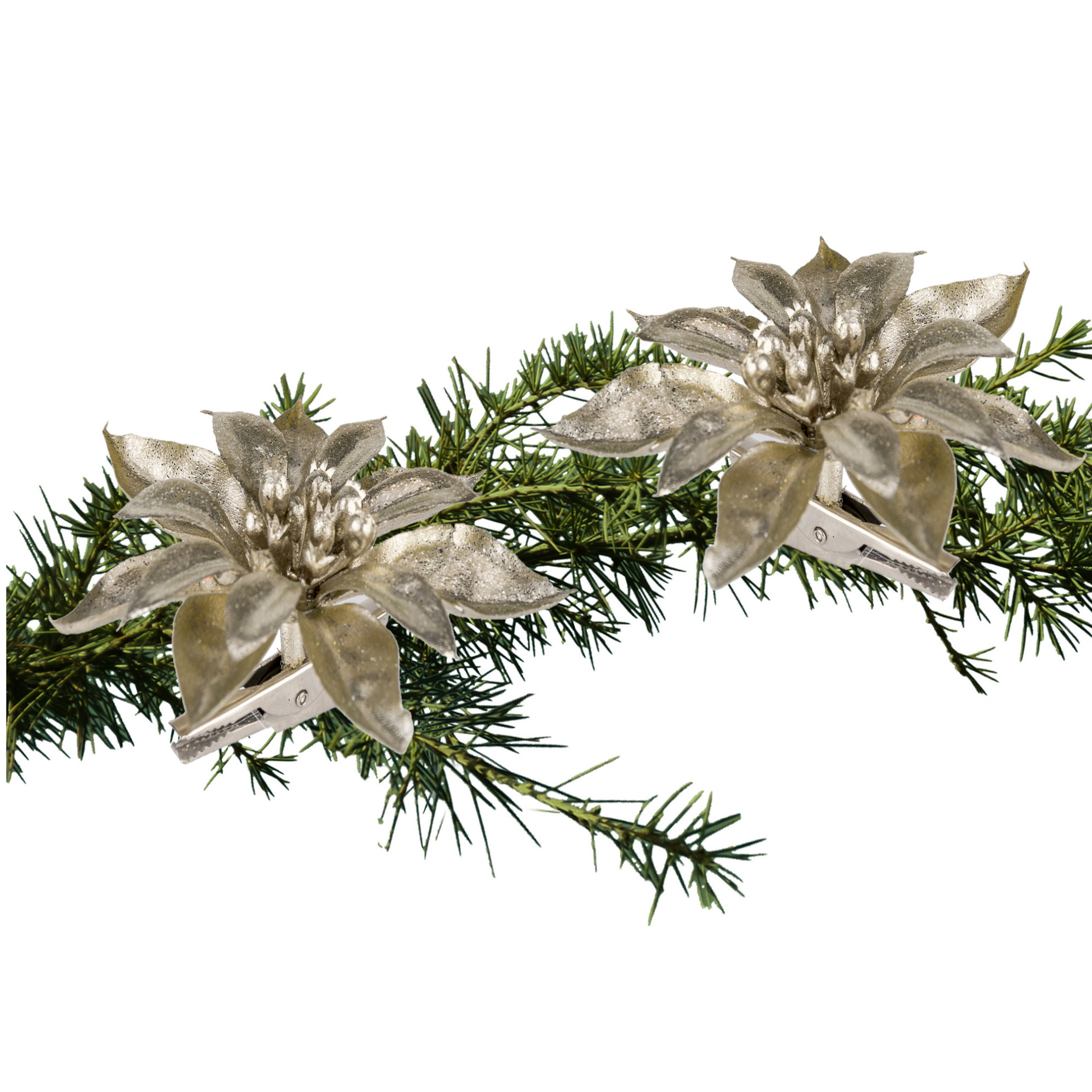 2x stuks kerstboom decoratie bloemen champagne glitter op clip 9 cm -