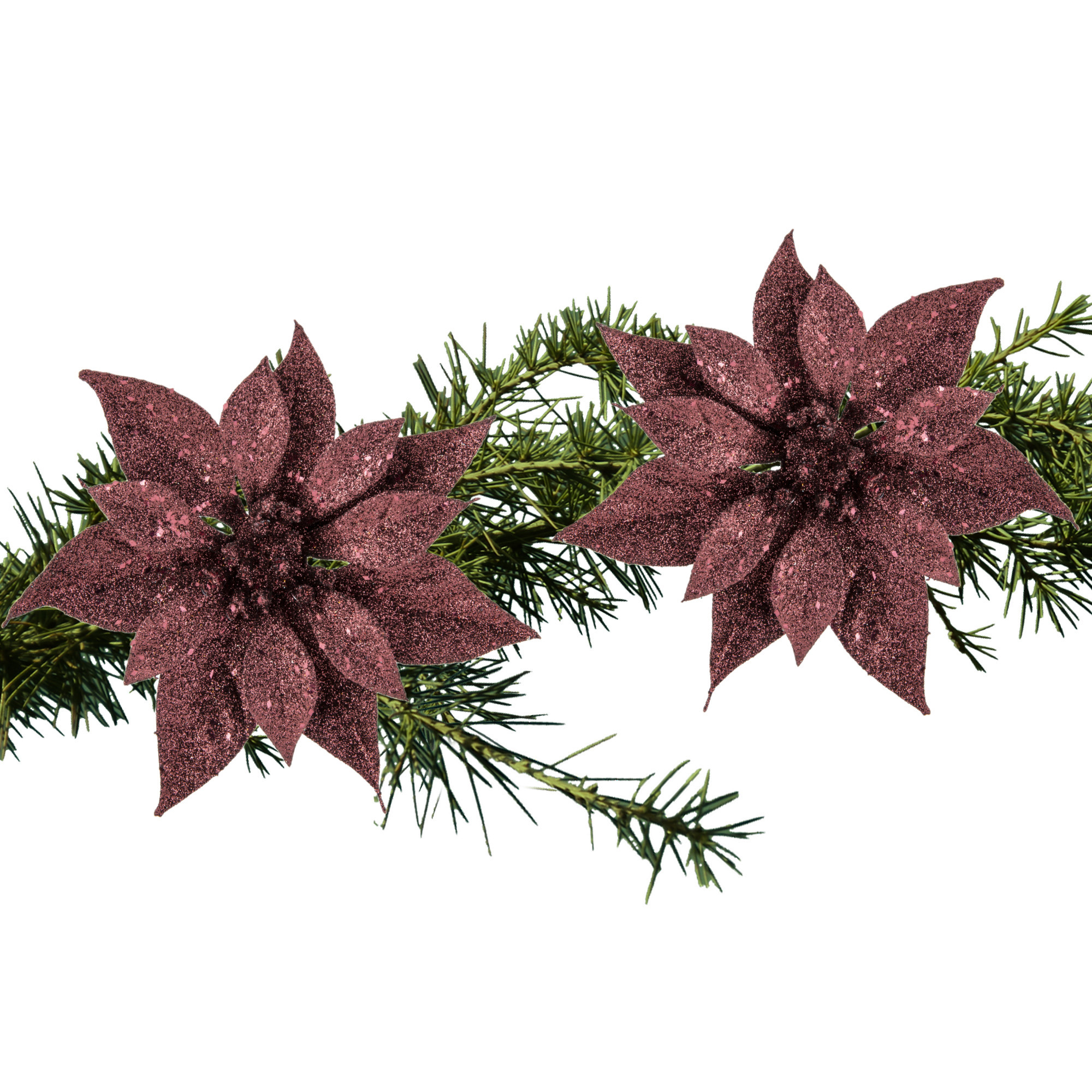 2x stuks kerstboom decoratie bloemen donkerrood glitter op clip 18 cm -