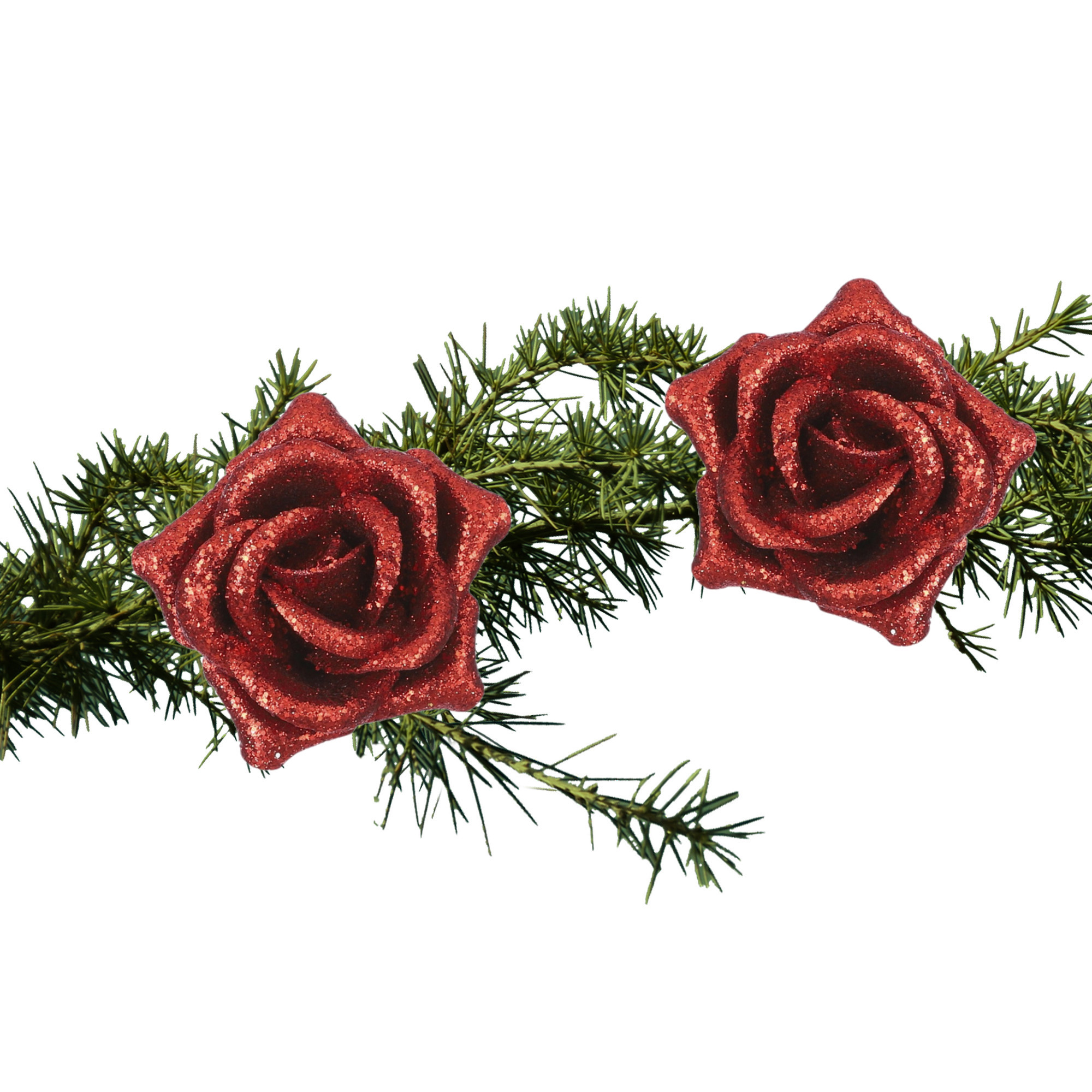 2x kerstboom decoratie bloemen/rozen op clip rood 8 cm -