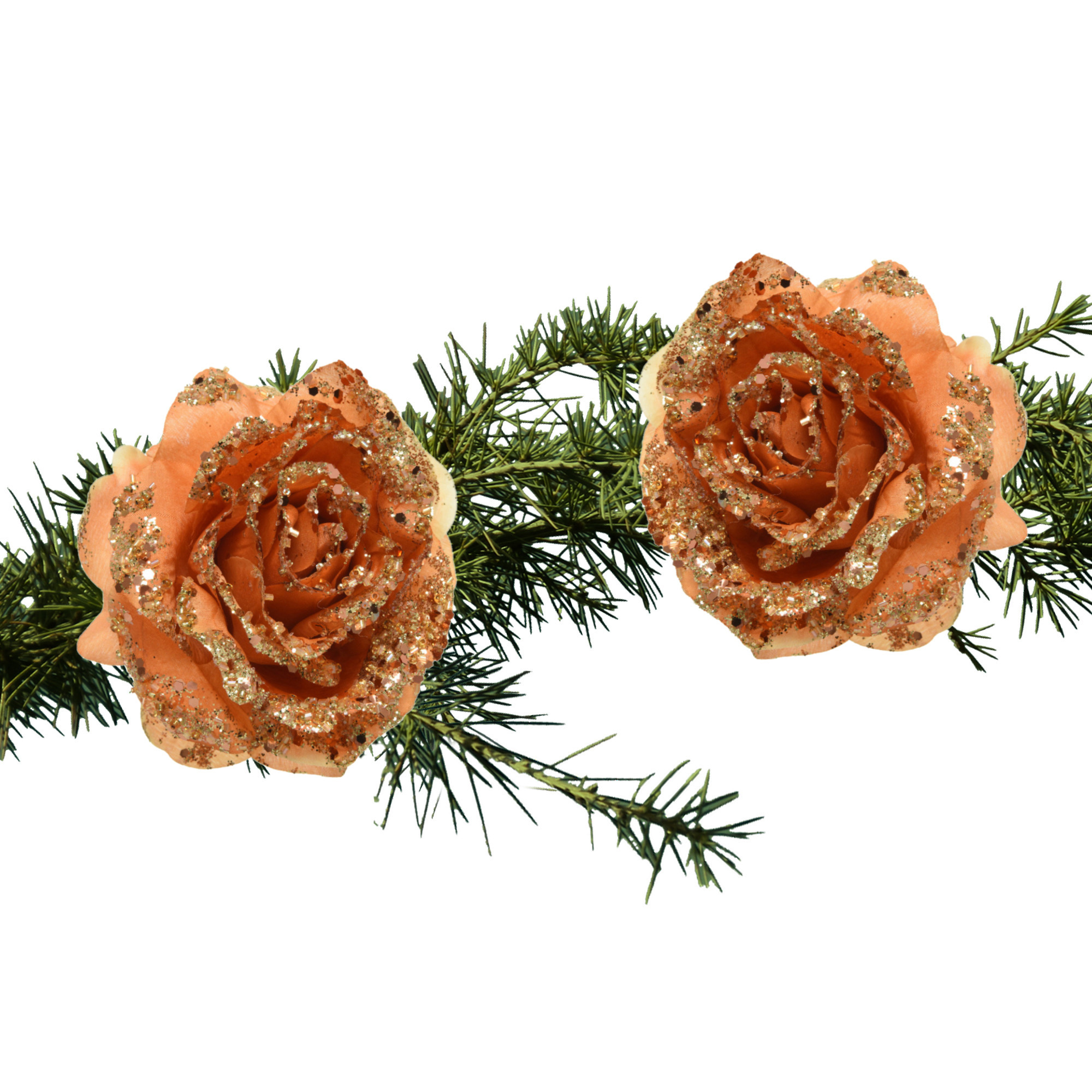 2x stuks kerstboom bloemen terra bruin glitter op clip 14 cm -