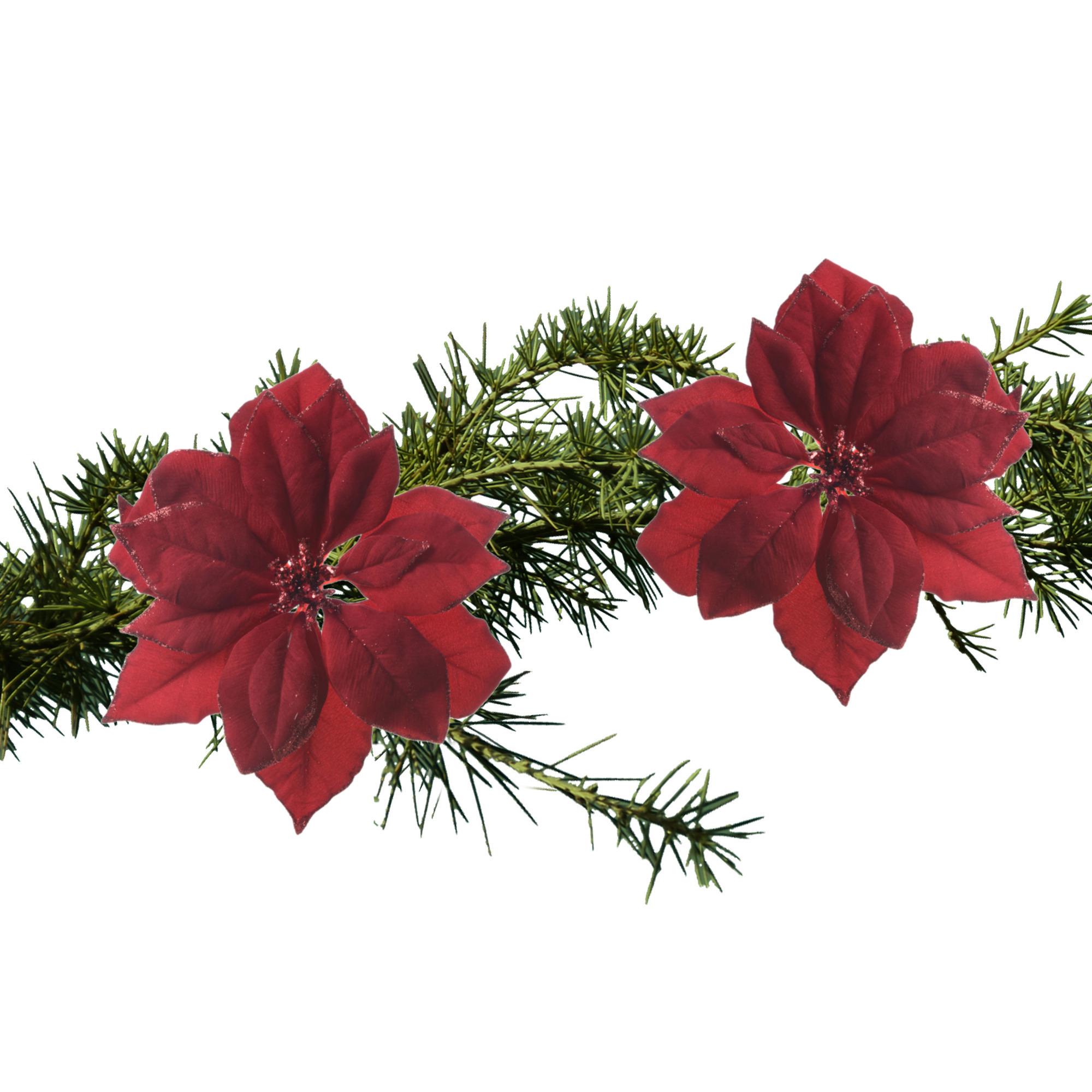 2x stuks kerstboom decoratie bloemen rood glitter op clip 24 cm -