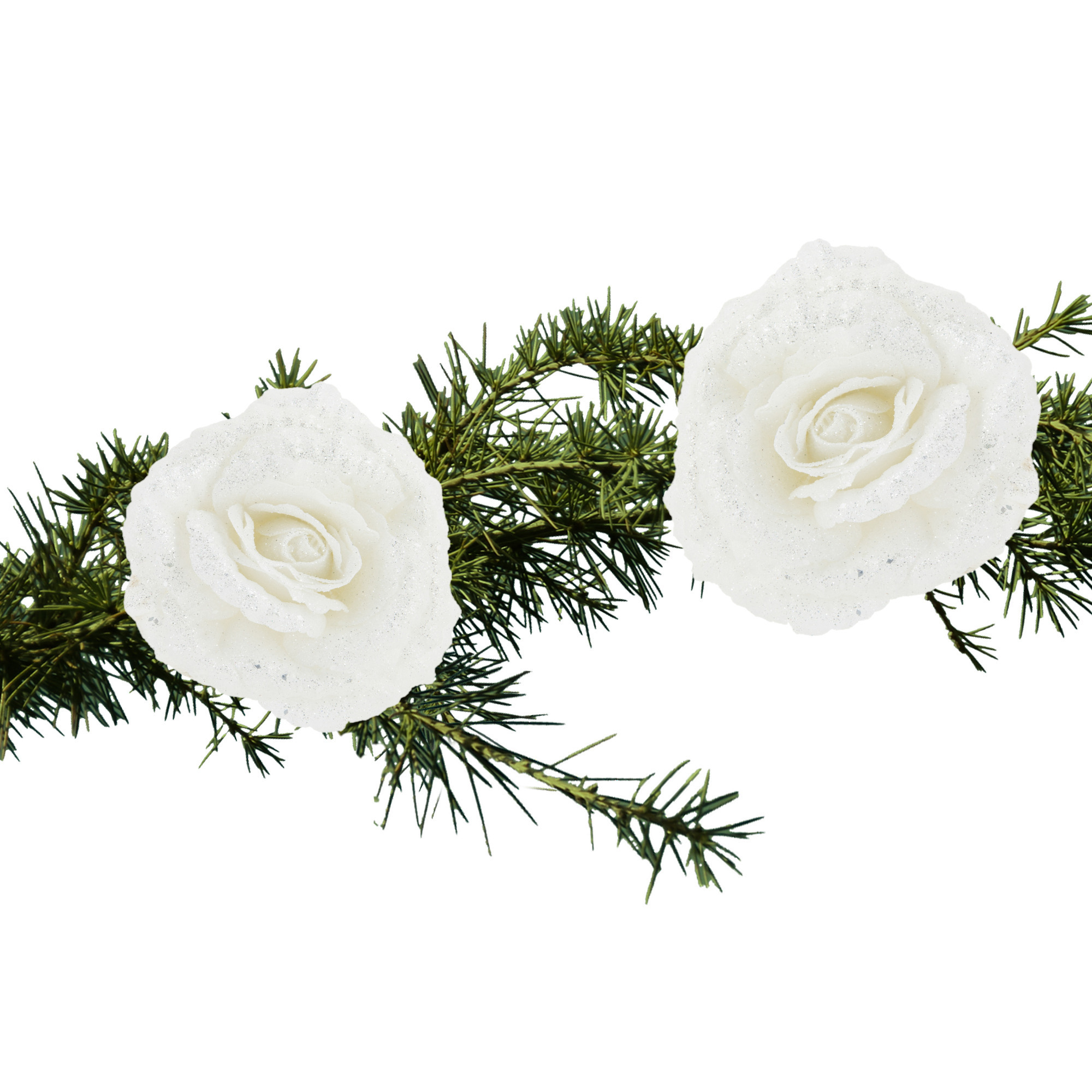 2x stuks kerstboom decoratie bloemen roos wit glitter op clip 18 cm -