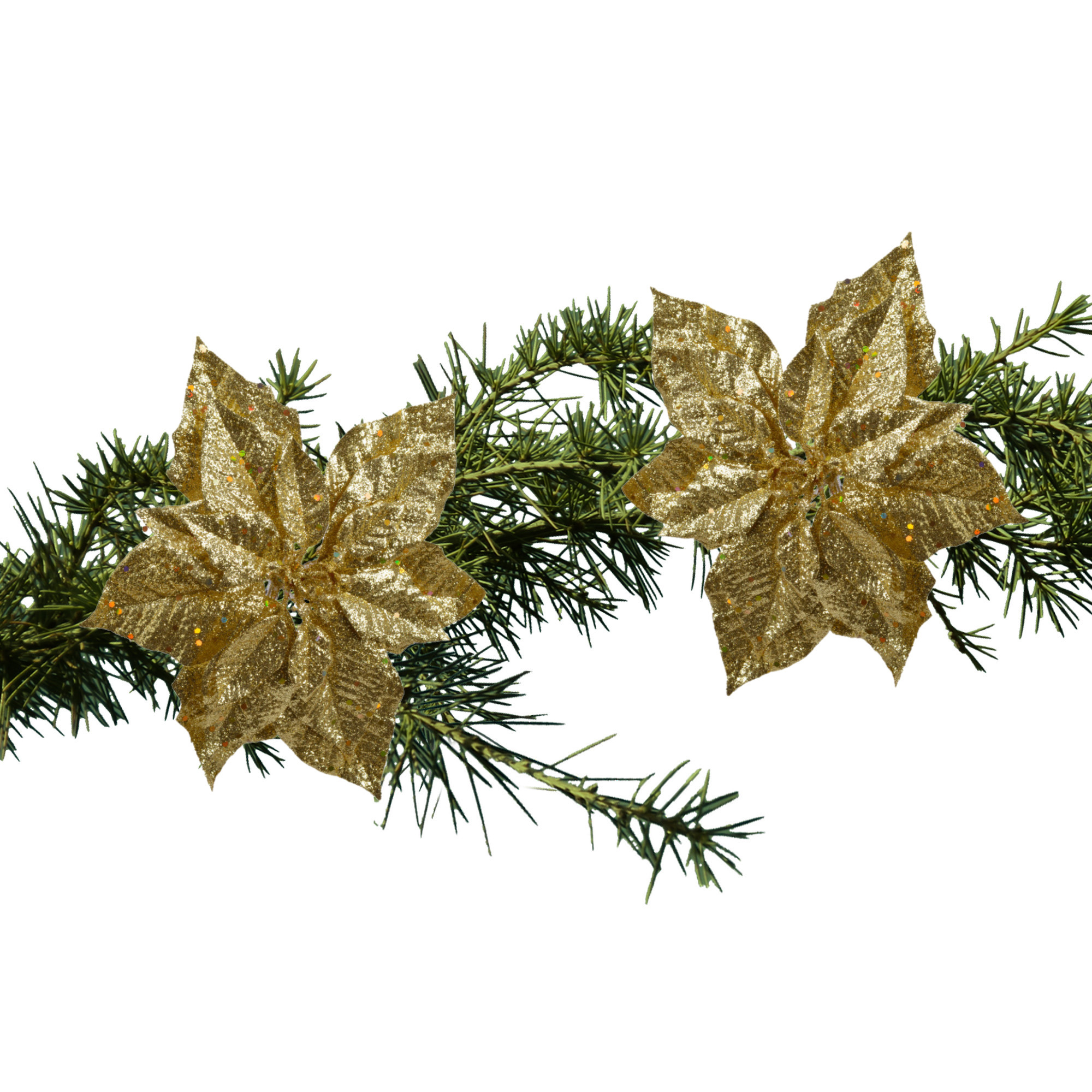 2x stuks kerstboom decoratie bloemen goud glitter op clip 23 cm -