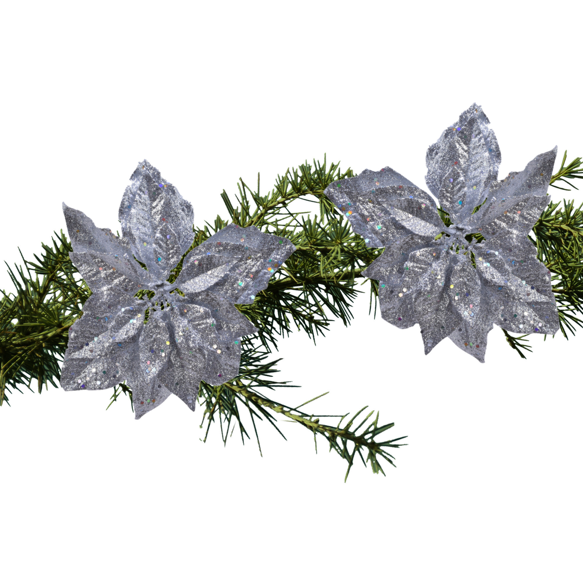 2x stuks kerstboom decoratie bloemen zilver glitter op clip 23 cm -