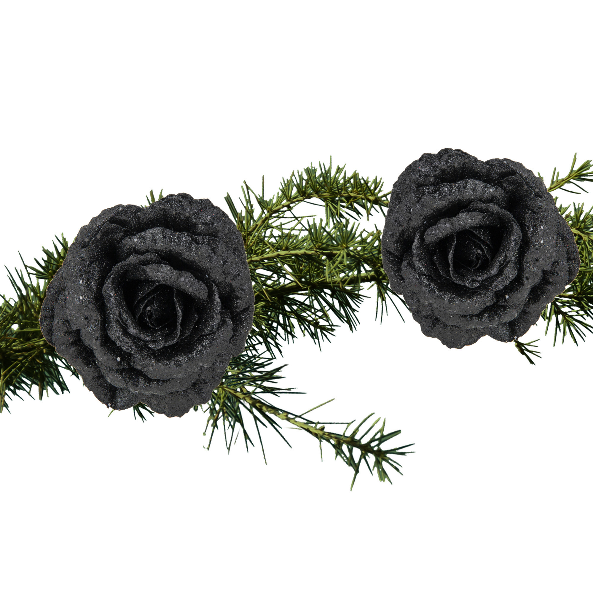 2x stuks kerstboom bloemen op clip zwart glitter 15 cm -
