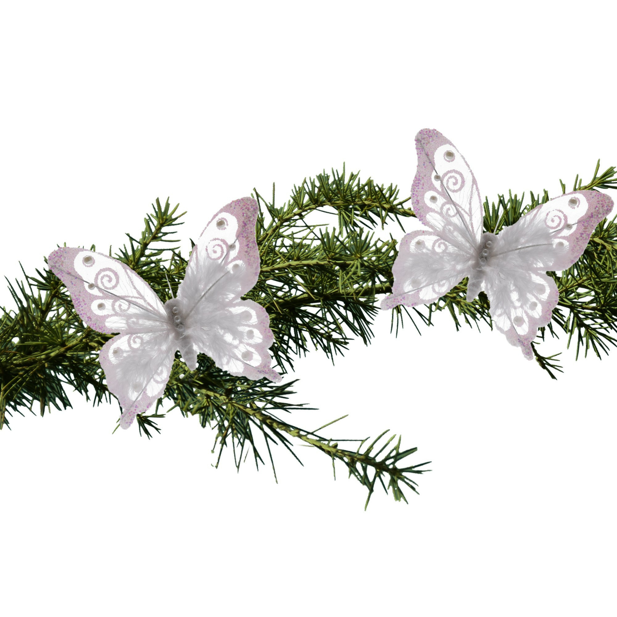 2x stuks kerstboom vlinders op clip wit 15,5 cm -