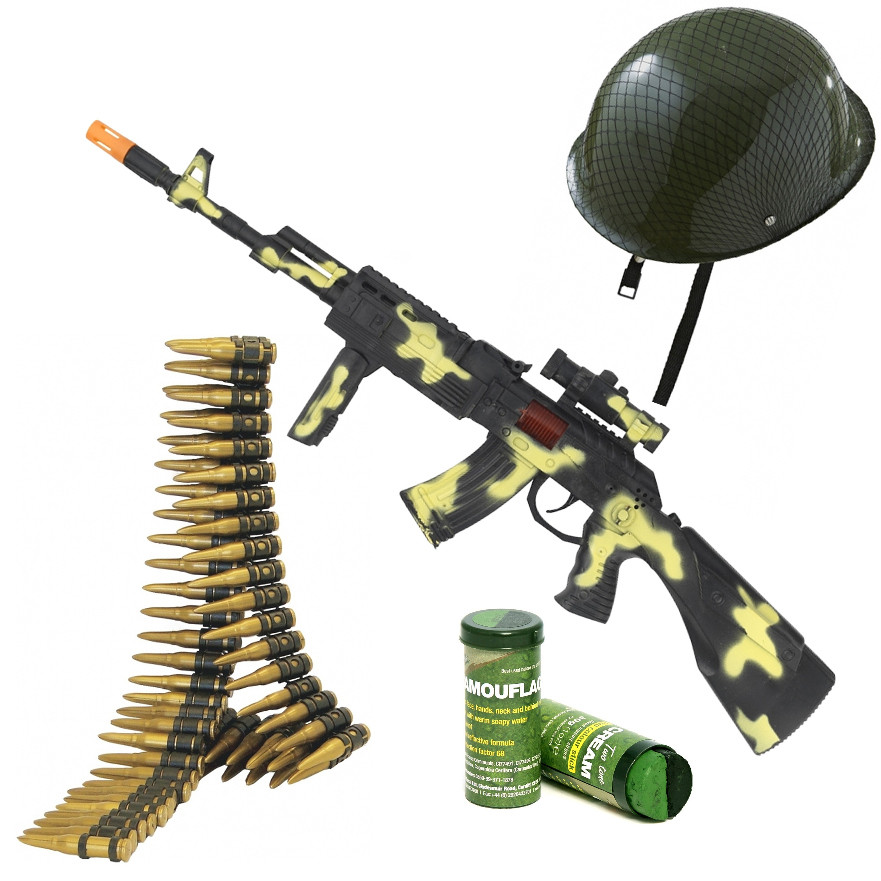 Soldaten/militairen camouflage geweer 59 cm met kogelriem, helm en camouflage schminkstift volwassen -