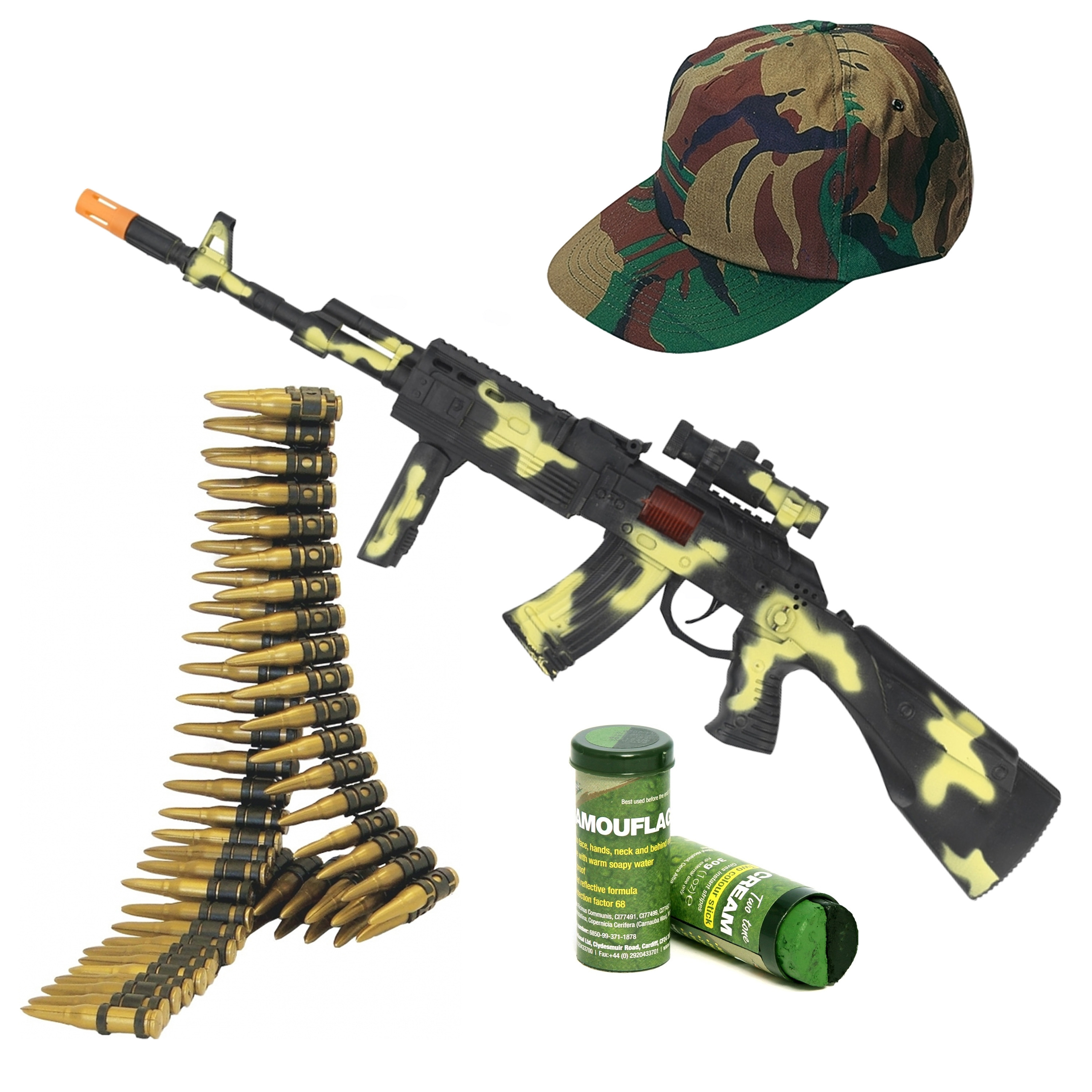 Soldaten/militairen camouflage geweer 59 cm met kogelriem, pet en camouflage schminkstift volwassene -