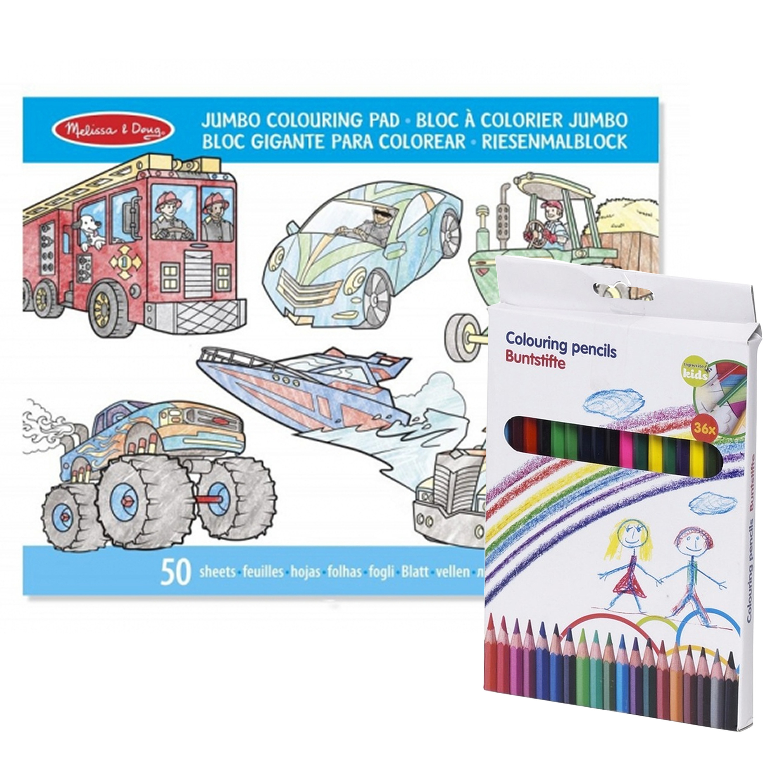 Jongens voertuigen kleurboek met 36x kleurpotloden set -