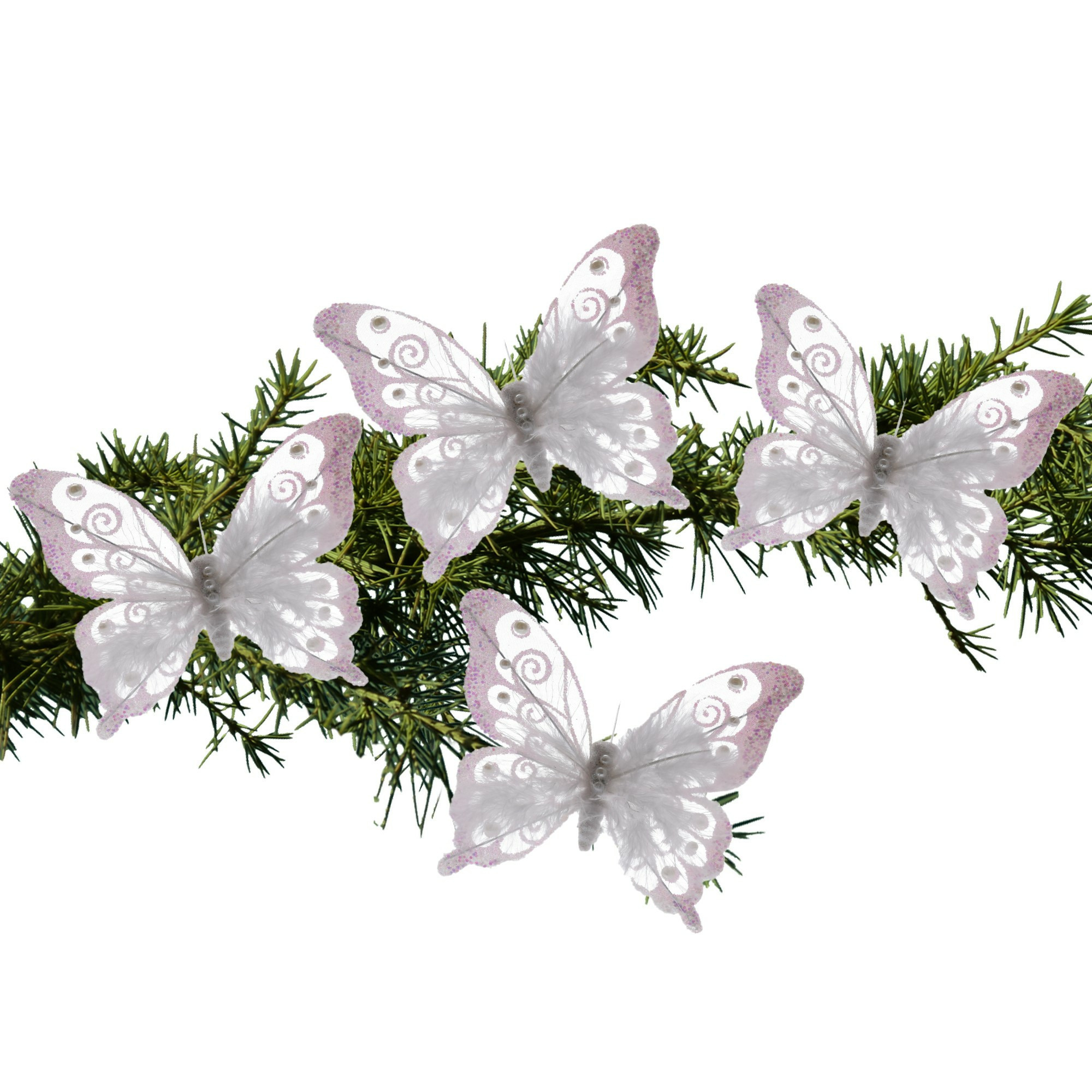 4x stuks kerstboom decoratie vlinders op clip glitter wit 15,5 cm -
