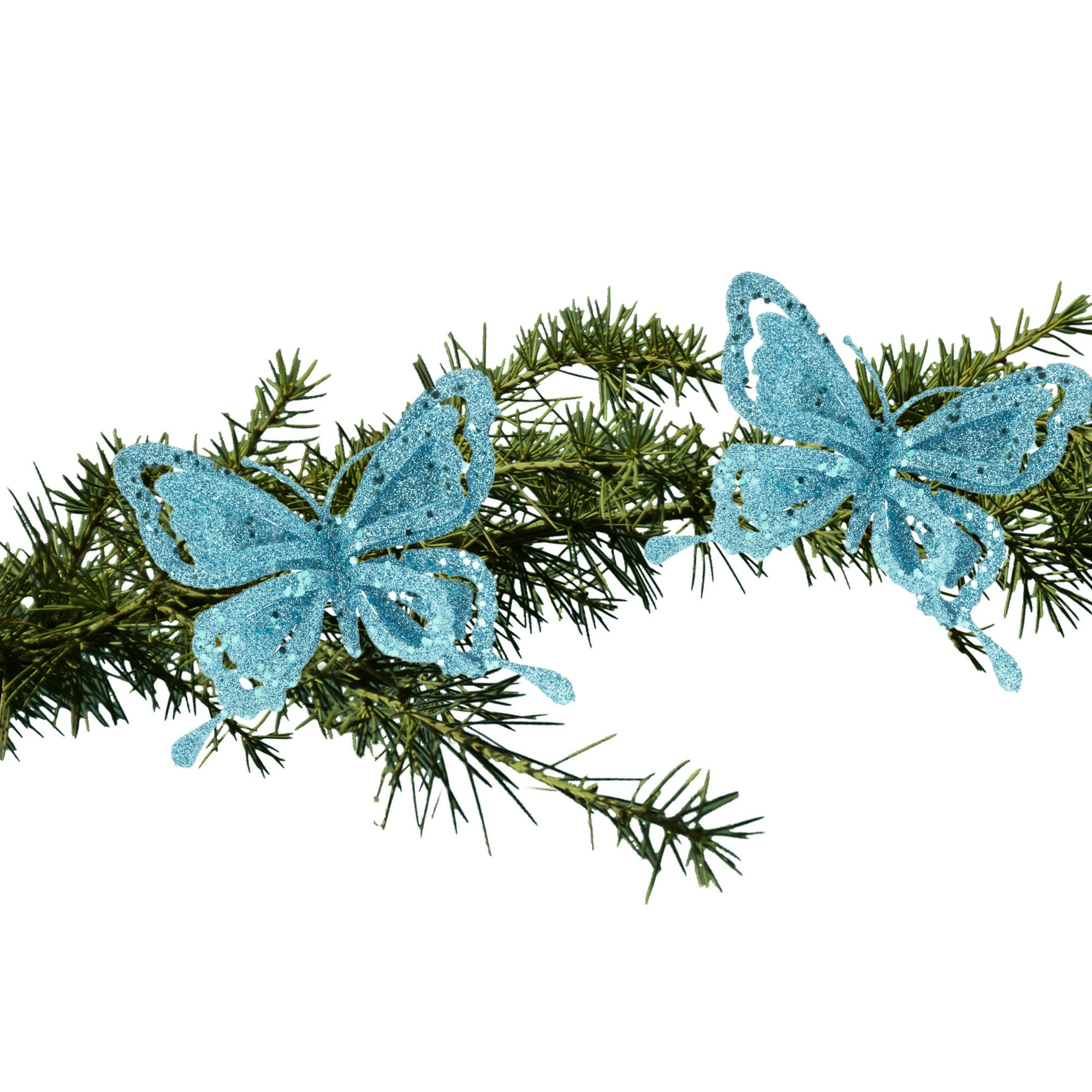 2x stuks kerstboom decoratie vlinders op clip glitter blauw 14 cm -