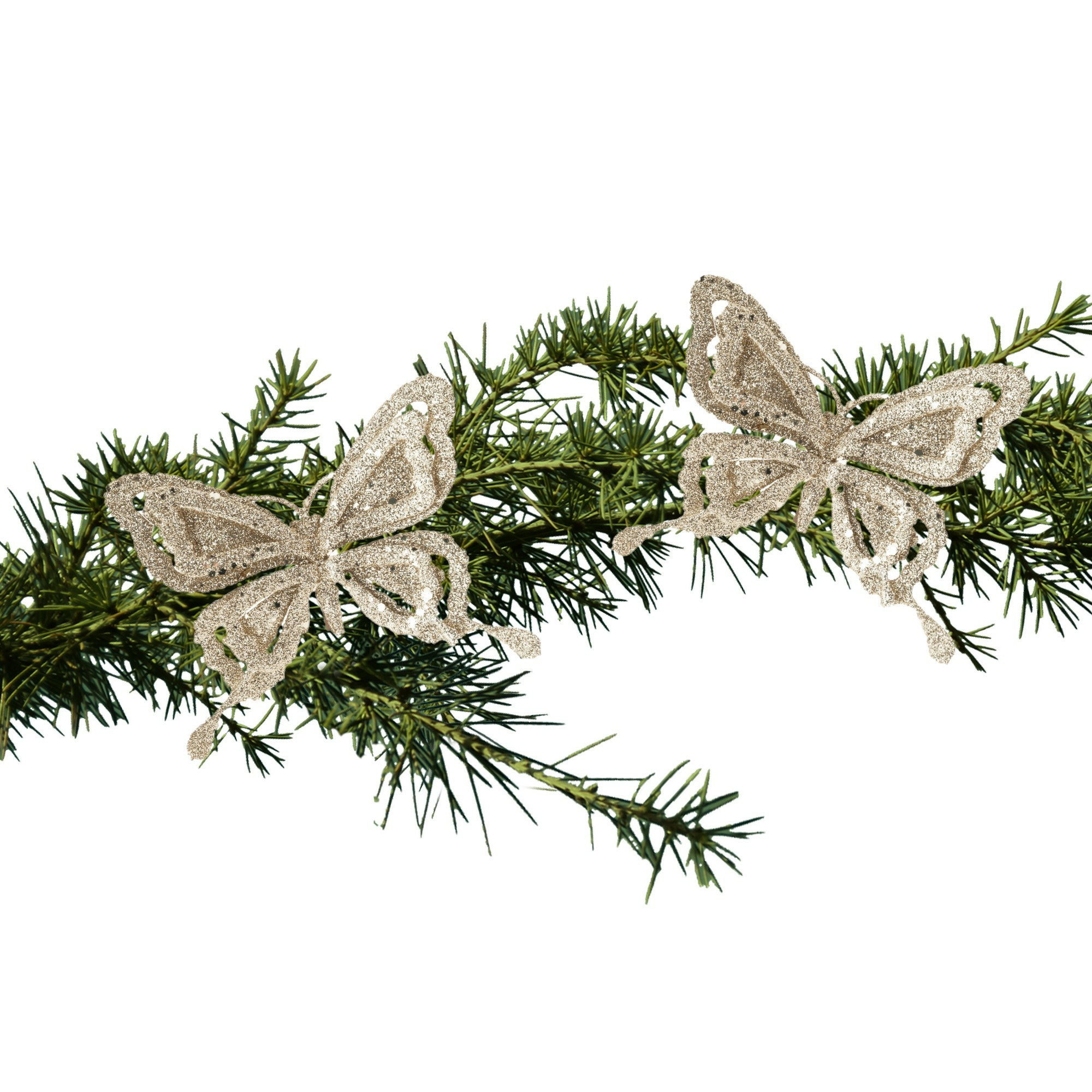 2x stuks kerstboom decoratie vlinders op clip glitter champagne 14 cm -