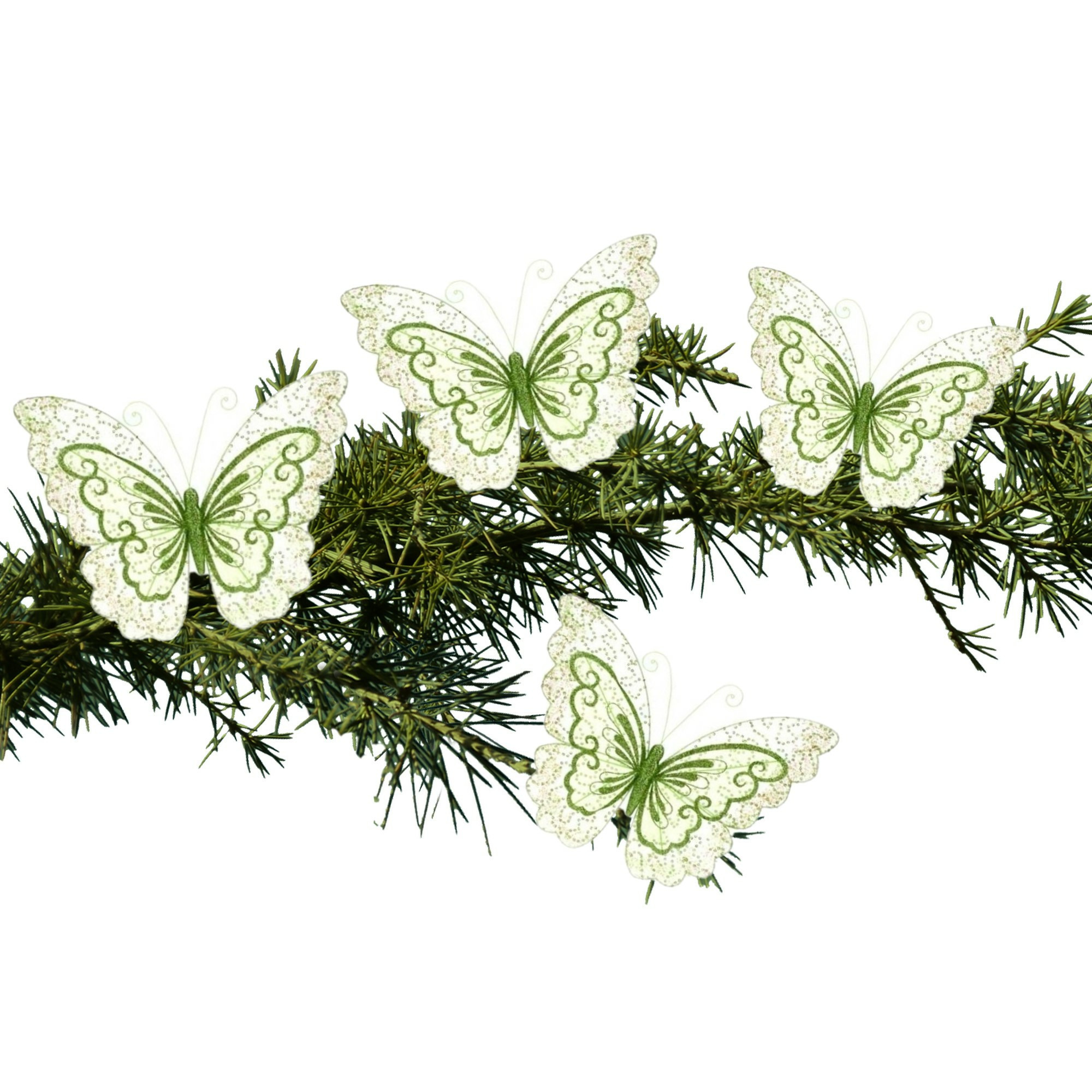 4x stuks kerstboom decoratie vlinders op clip glitter groen 34 cm -