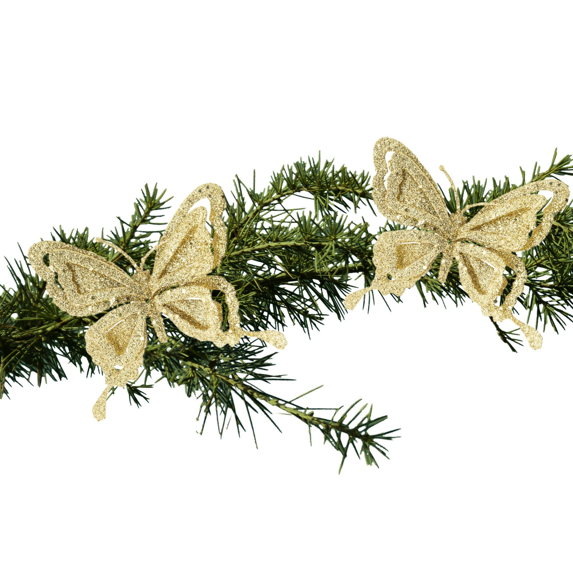 2x stuks kerstboom decoratie vlinders op clip glitter goud 14 cm -