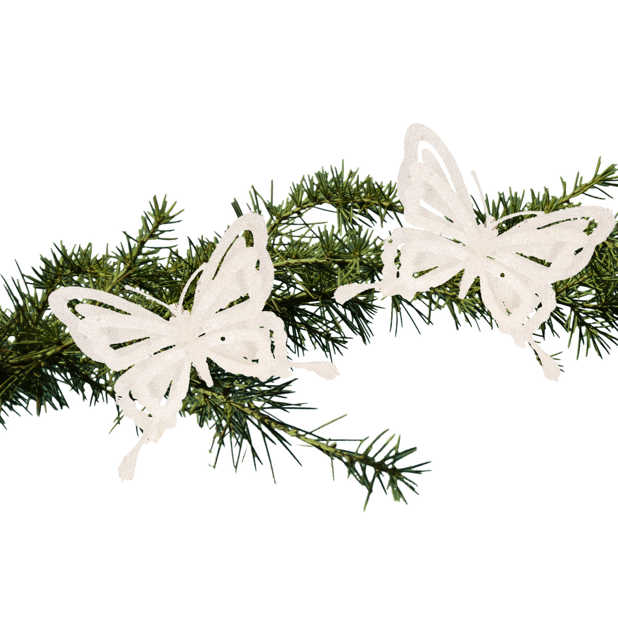 2x stuks kerstboom decoratie vlinders op clip glitter wit 14 cm -