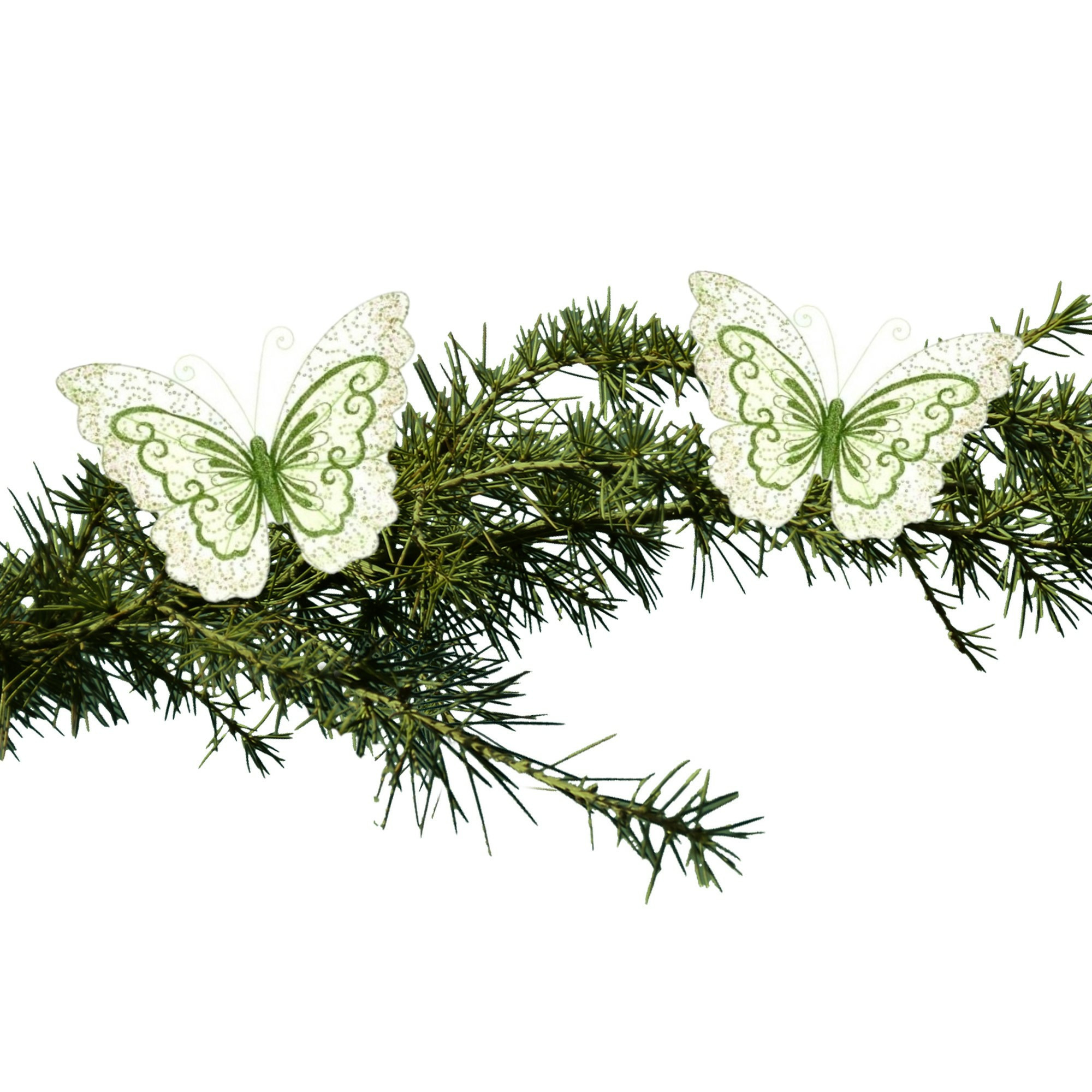 2x stuks kerstboom decoratie vlinders op clip glitter groen 34 cm -