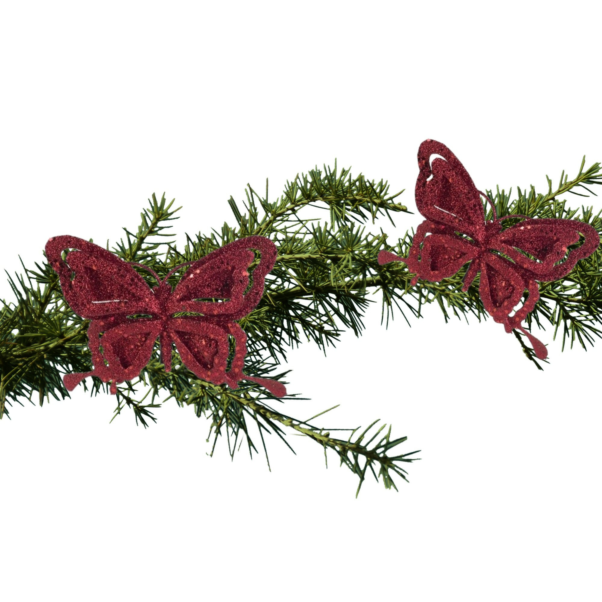2x stuks kerstboom decoratie vlinders op clip glitter bordeaux rood 14 cm -
