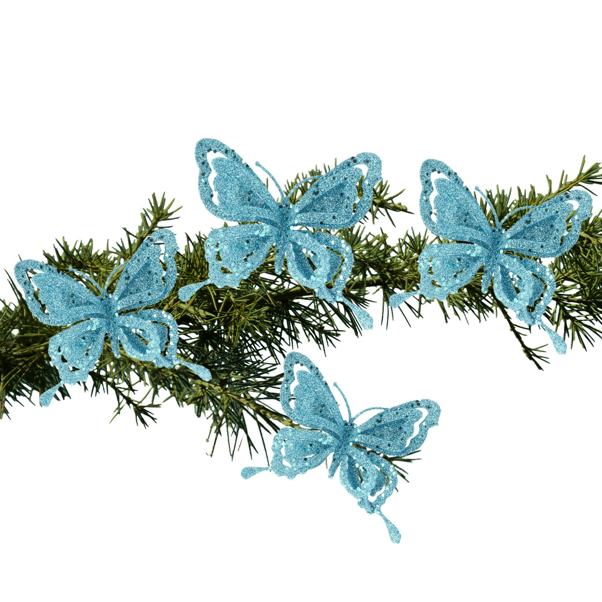 4x stuks kerstboom decoratie vlinders op clip glitter blauw 14 cm -