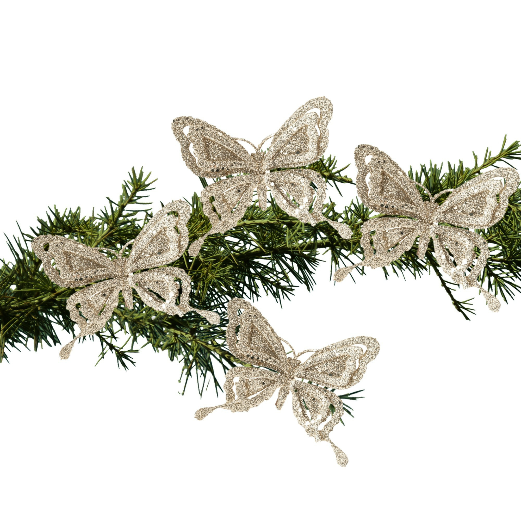 4x stuks kerstboom decoratie vlinders op clip glitter champagne 14 cm -
