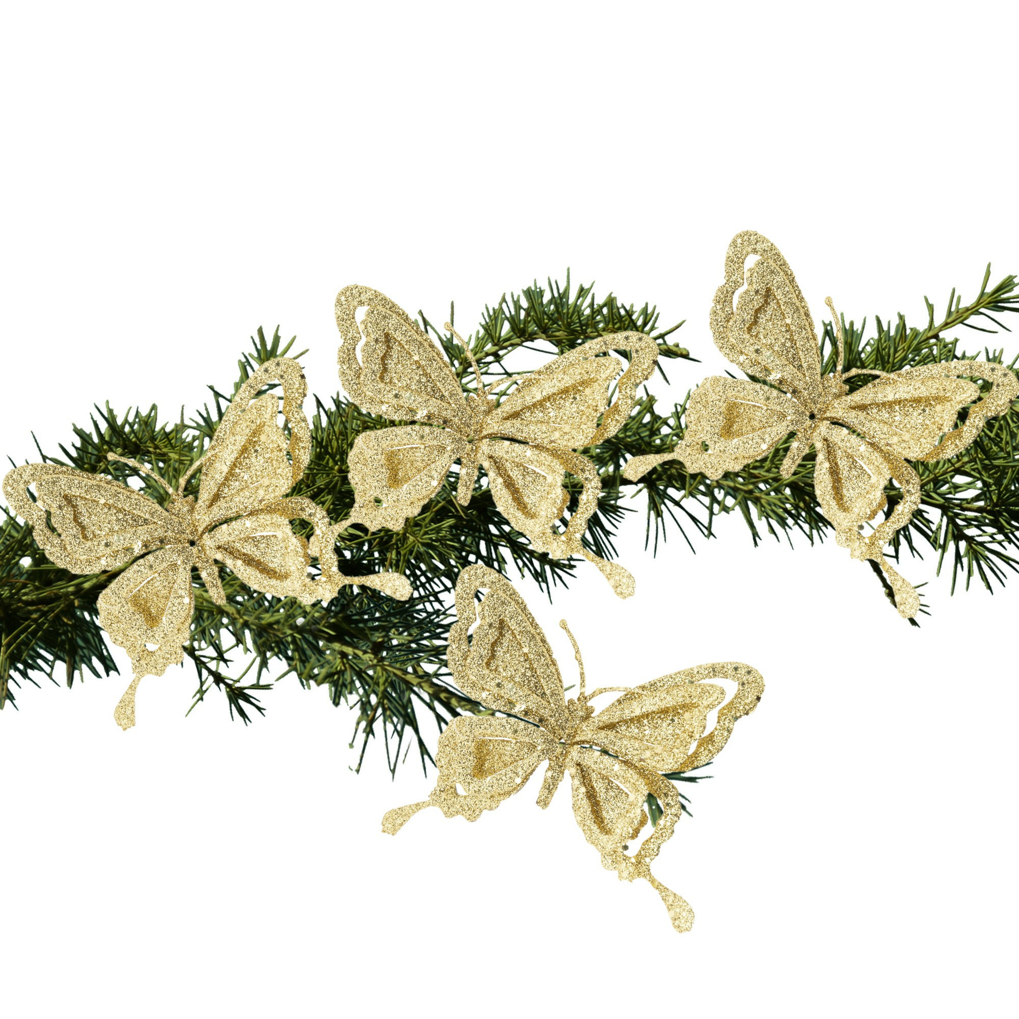 4x stuks kerstboom decoratie vlinders op clip glitter goud 14 cm -