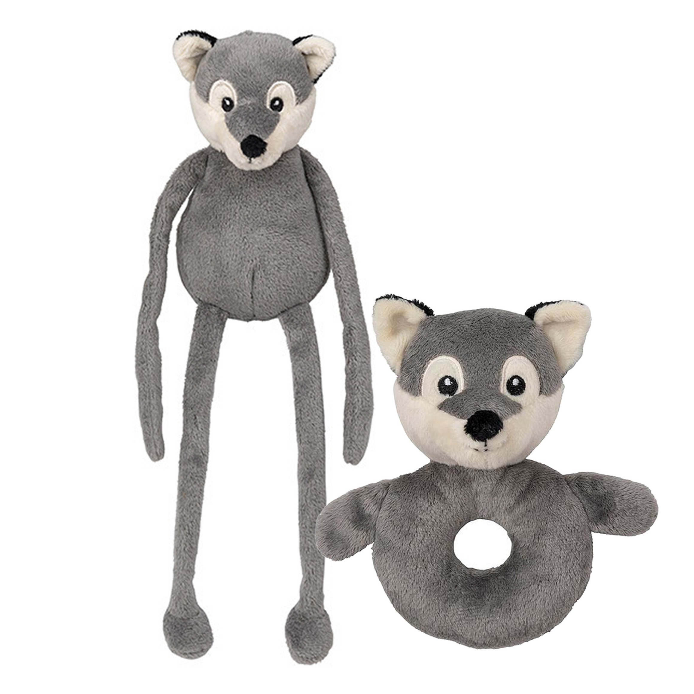 Pluche dieren setje wolf knuffel rammelaar 15 cm en fluffy knuffeldier 33 cm -