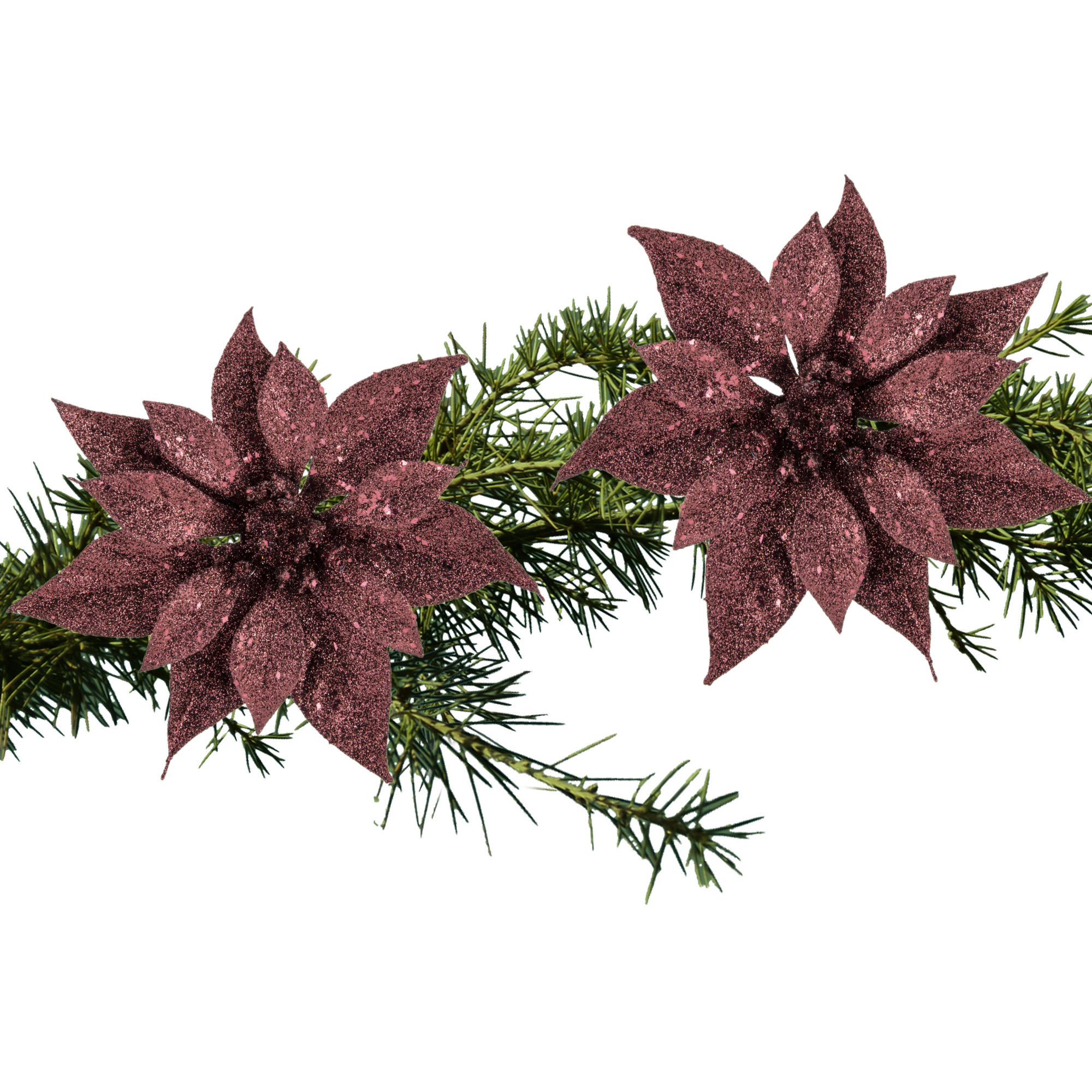 2x stuks kerstboom decoratie bloemen donkerrood glitter op clip 18 cm -