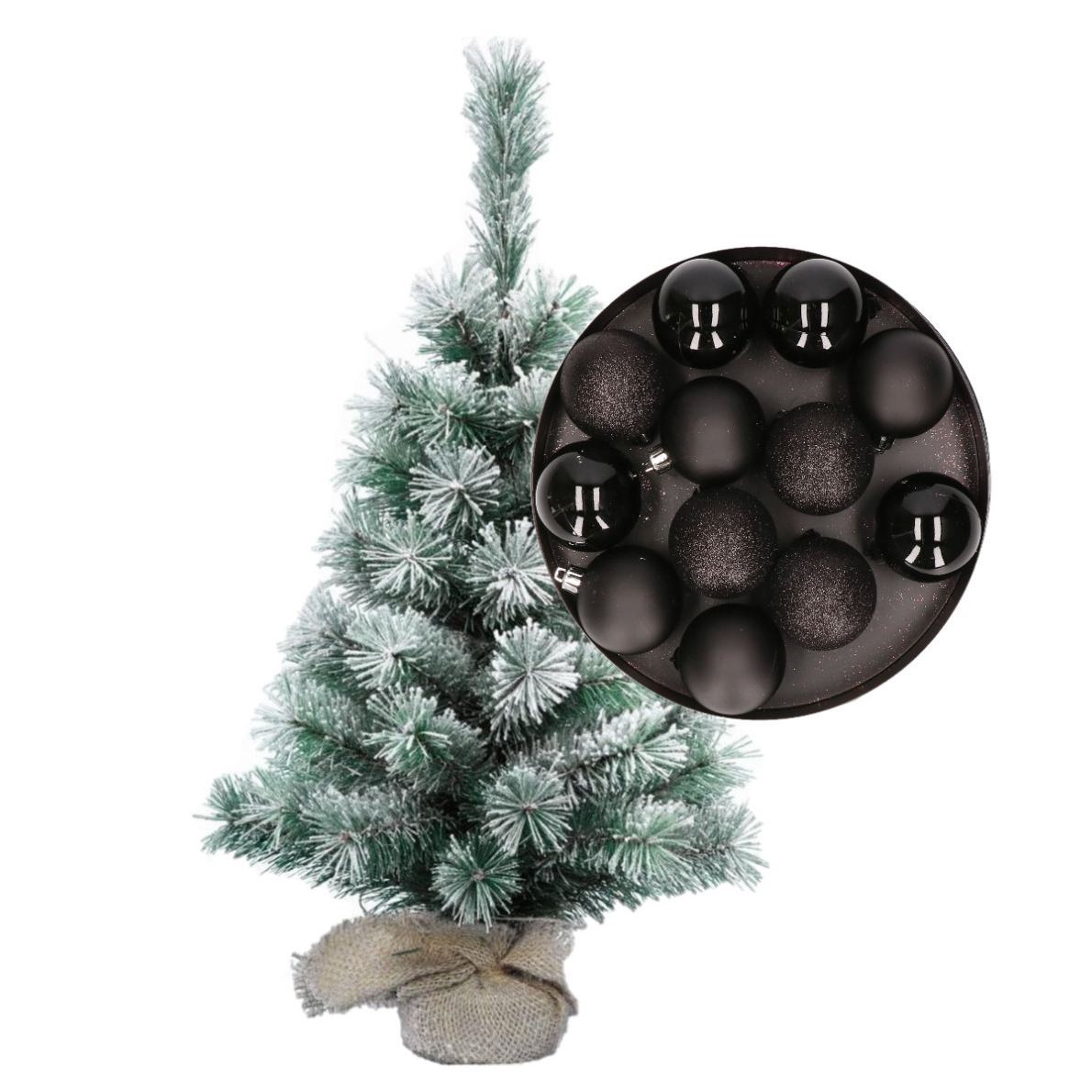 Besneeuwde mini kerstboom/kunst kerstboom 35 cm met kerstballen zwart -