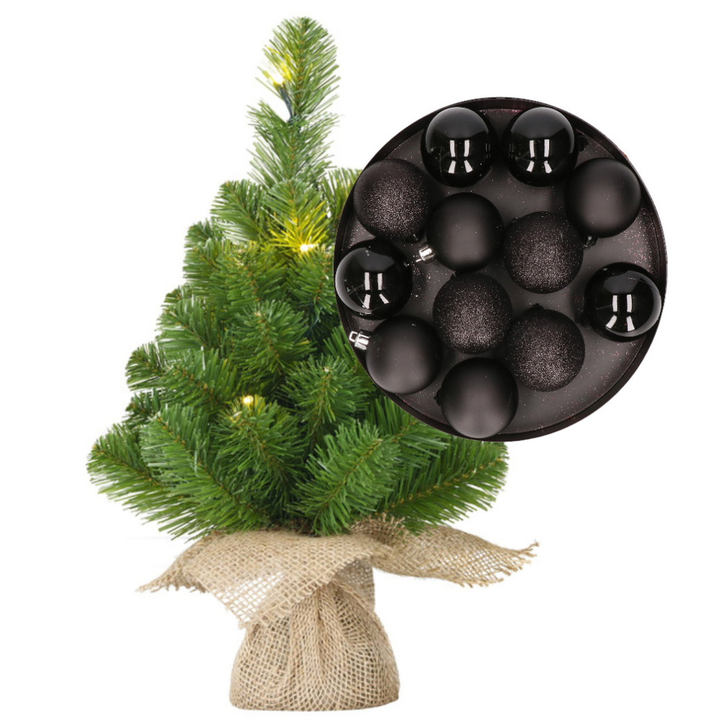 Mini kunst kerstboom - H45 cm - met verlichting en kerstballen - zwart - kunstboom -