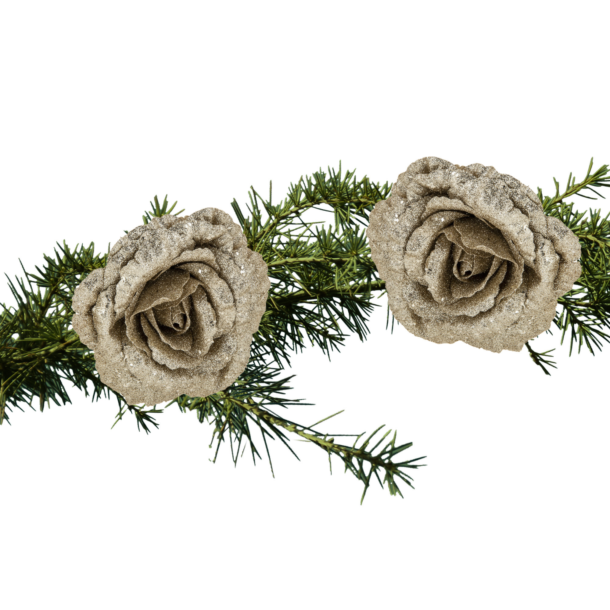 2x stuks kerstboom bloemen roos champagne glitter op clip 18 cm -