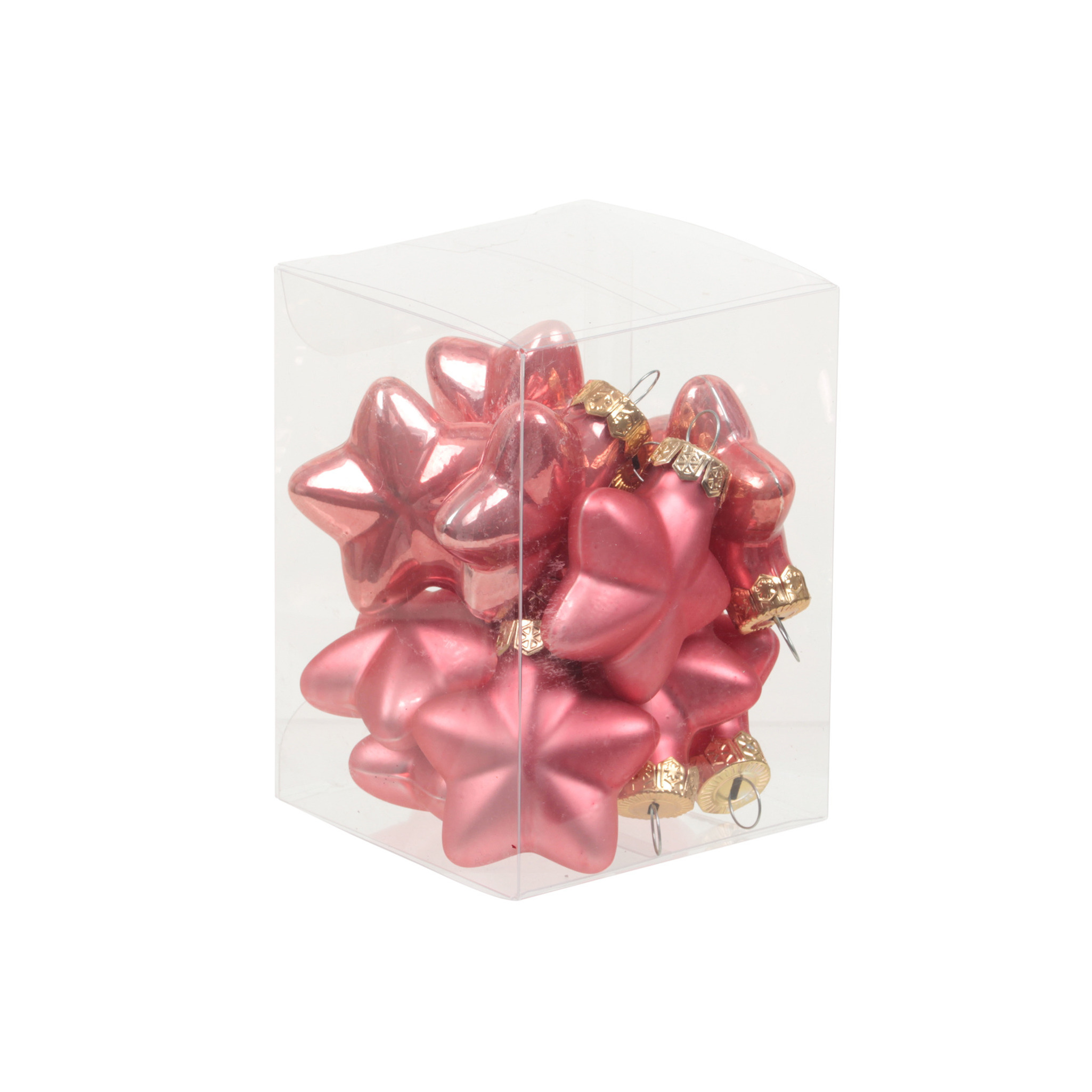 Kerstornamenten - sterren - 12x st - bubblegum roze - 4 cm - glas - mat/glans - kerstversiering -