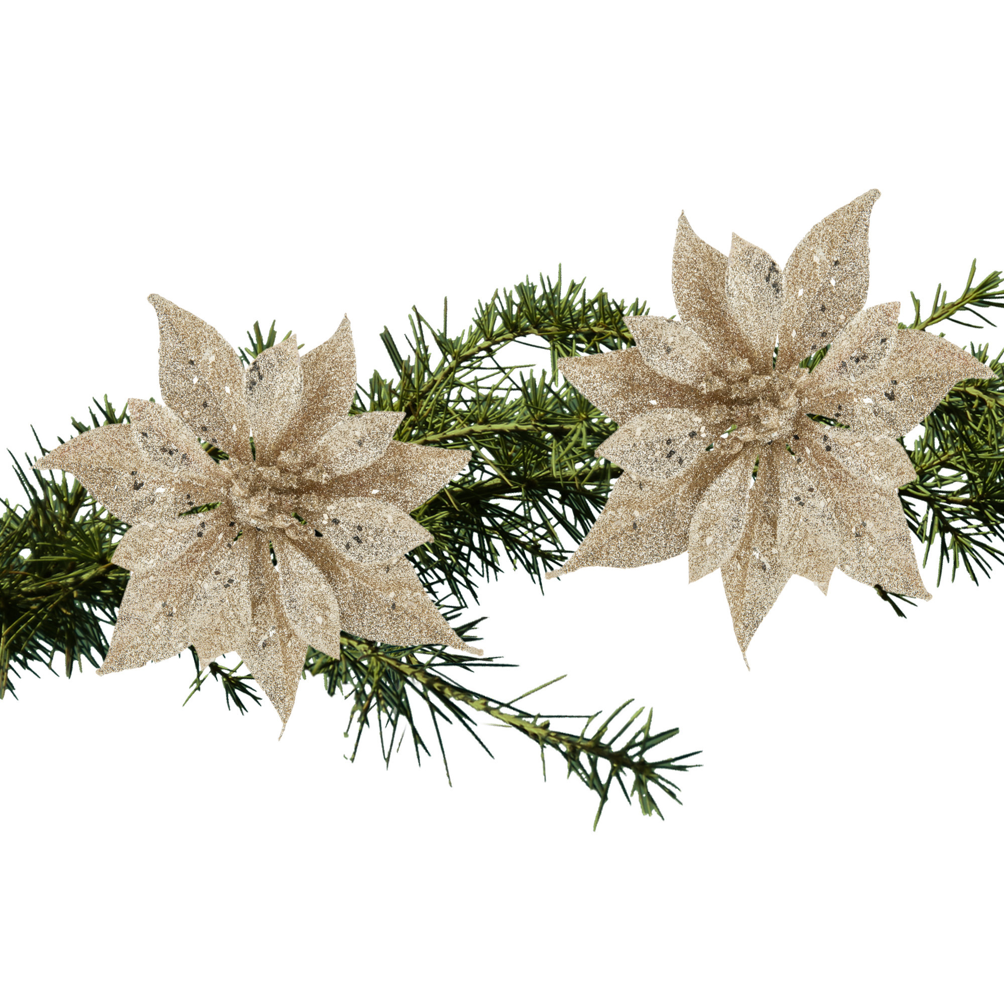 2x stuks kerstboom bloemen roos champagne glitter op clip 10 cm -