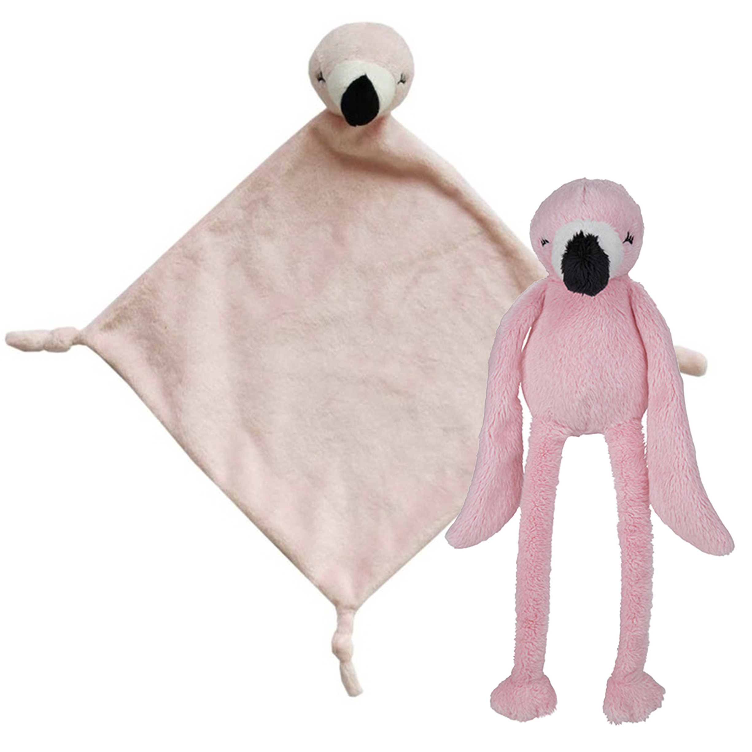 Pluche dieren setje Roze flamingo knuffel van 33 cm en tutteldoekje 40 cm -