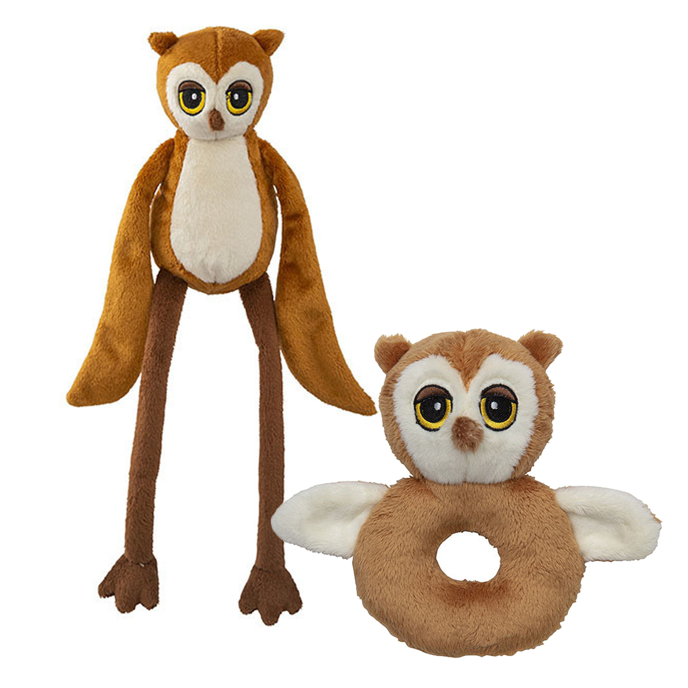 Pluche dieren setje uilen knuffel rammelaar 15 cm en fluffy knuffeldier 33 cm -