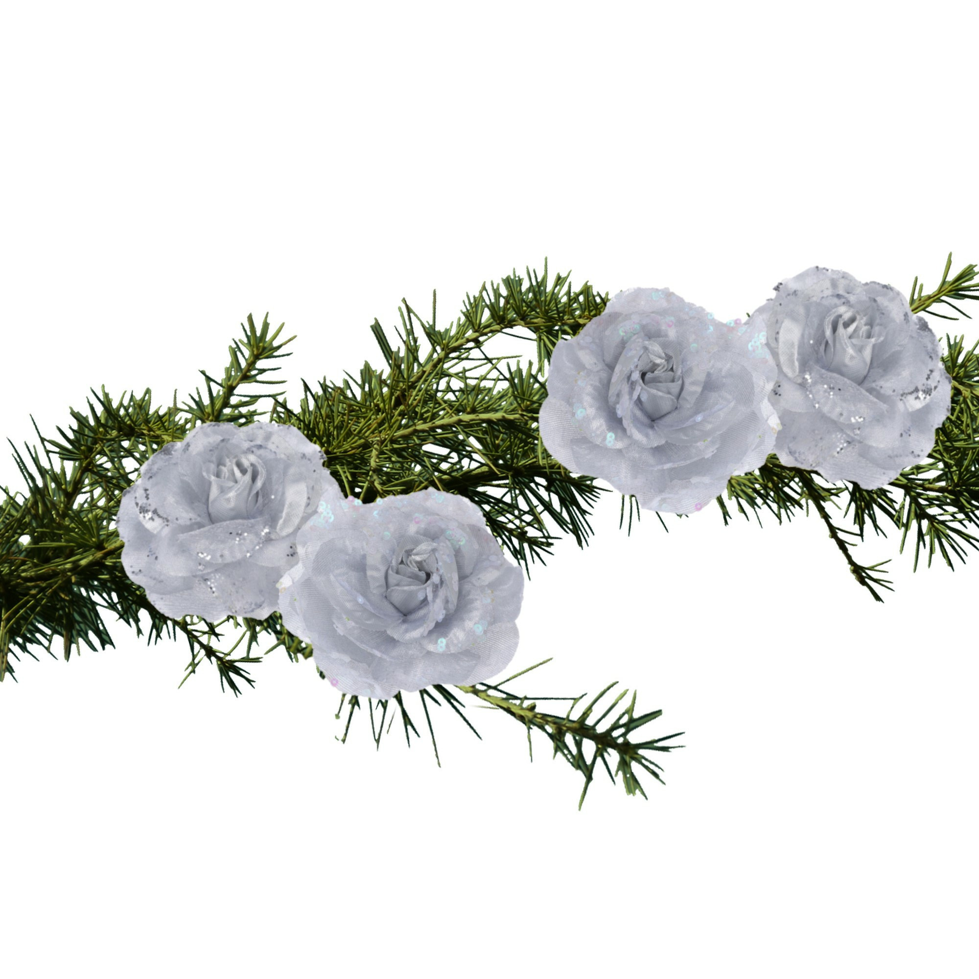 4x stuks kerstboom decoratie bloemen rozen zilver op clip 9 cm -