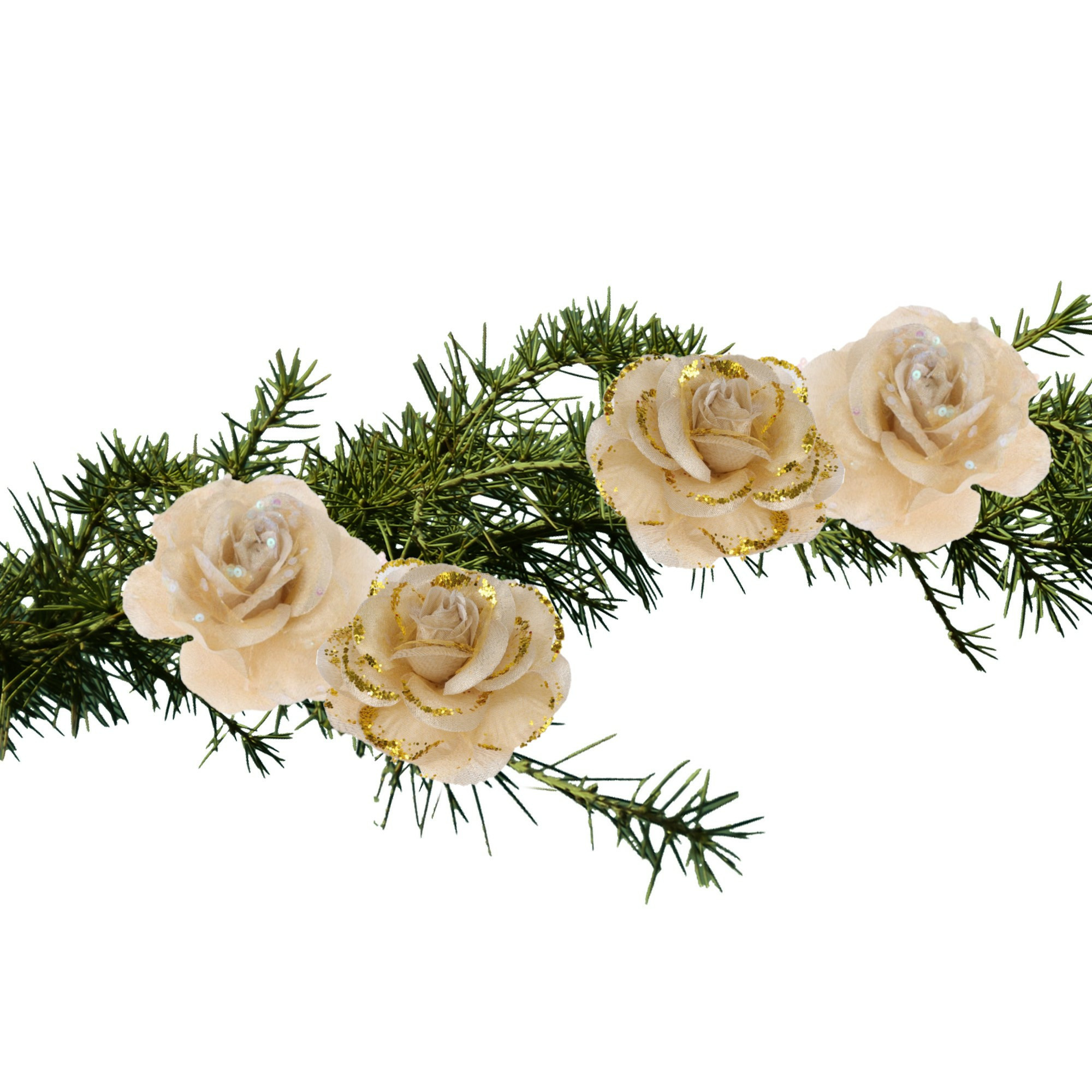 4x stuks kerstboom decoratie bloemen goud op clip 9 cm -