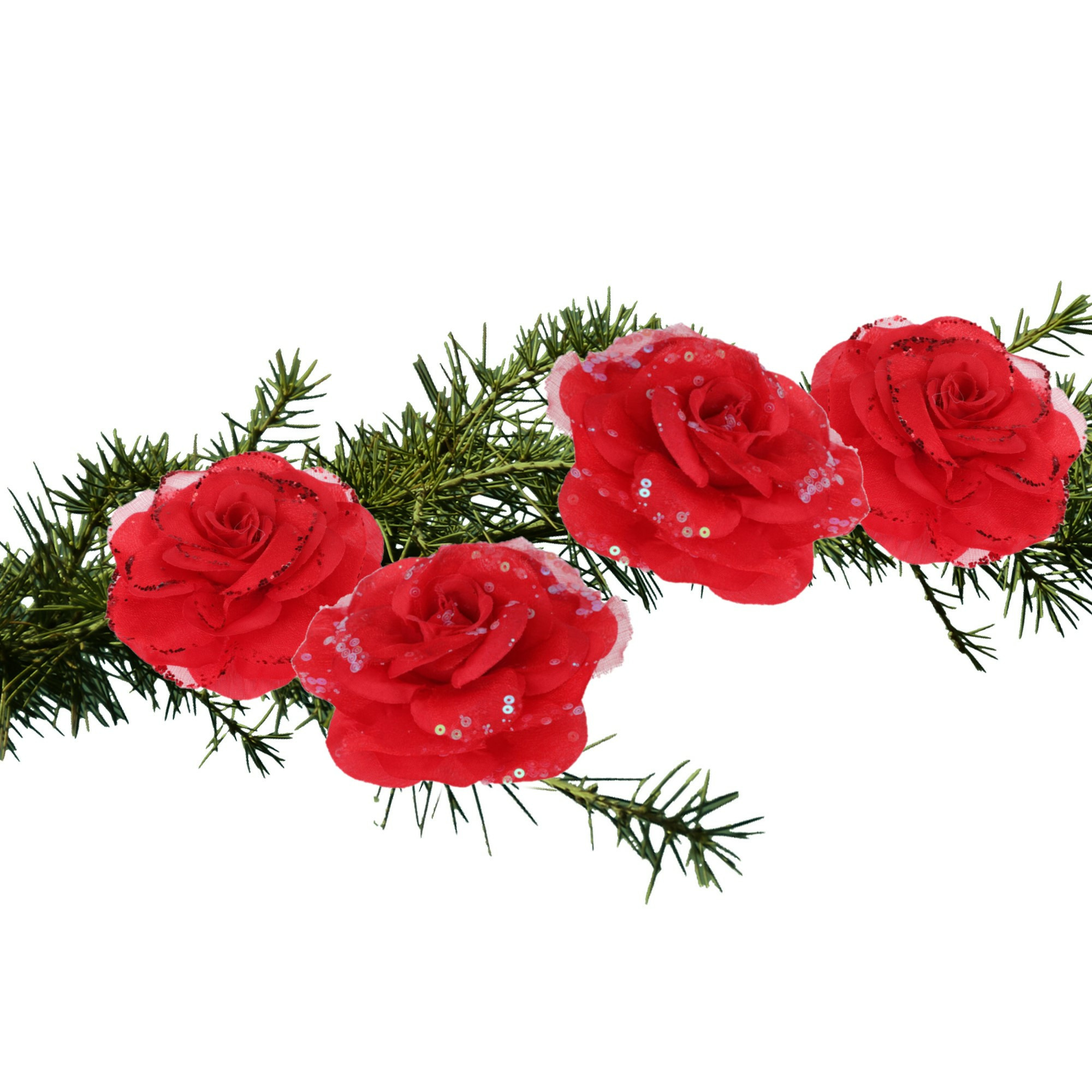 4x stuks kerstboom decoratie bloemen rozen rood op clip 9 cm -