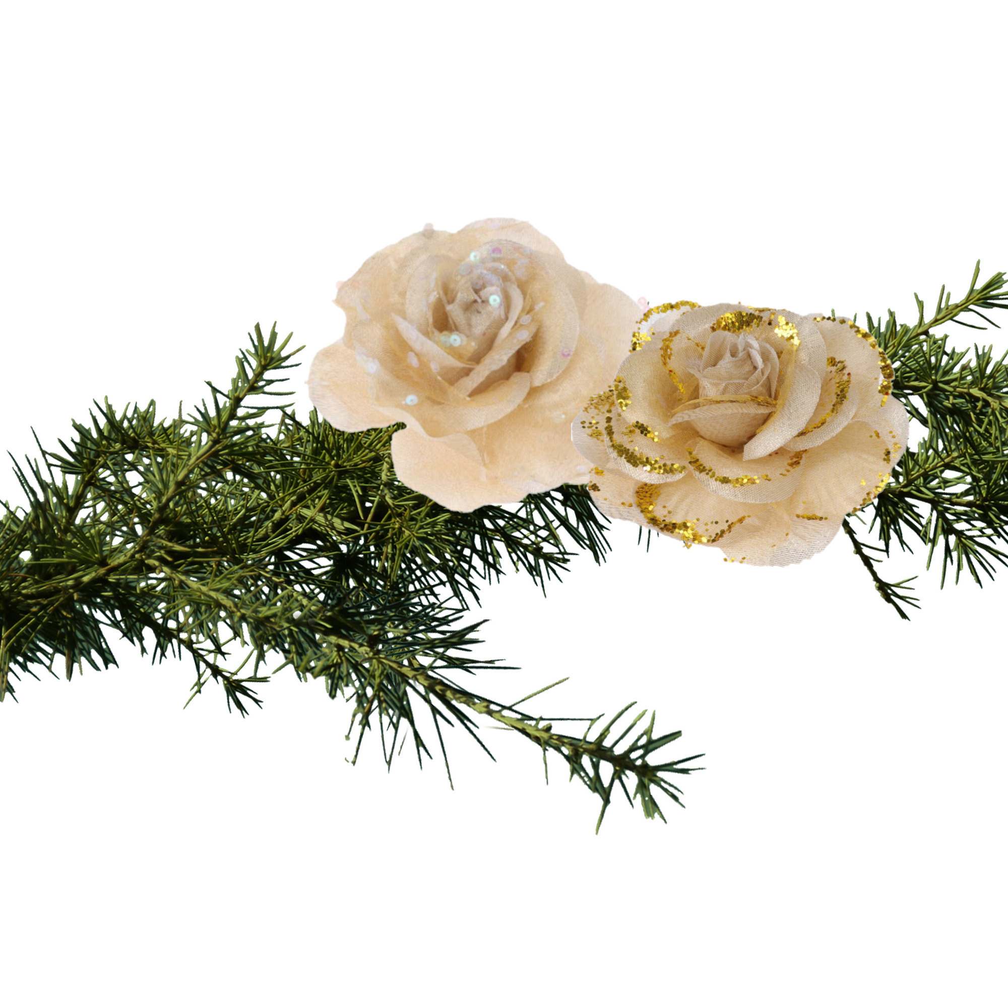 2x stuks kerstboom decoratie bloemen rozen goud op clip 9 cm -