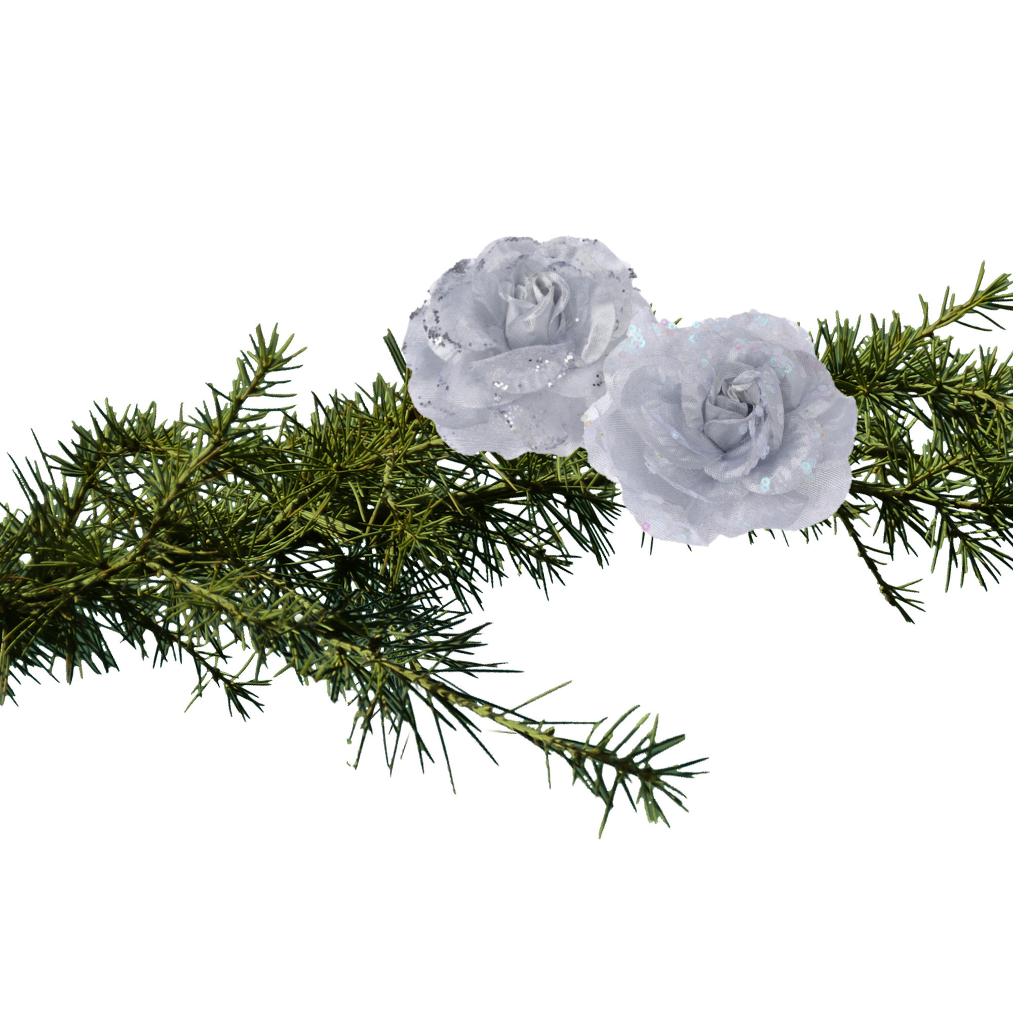 2x stuks kerstboom decoratie bloemen rozen zilver op clip 9 cm -