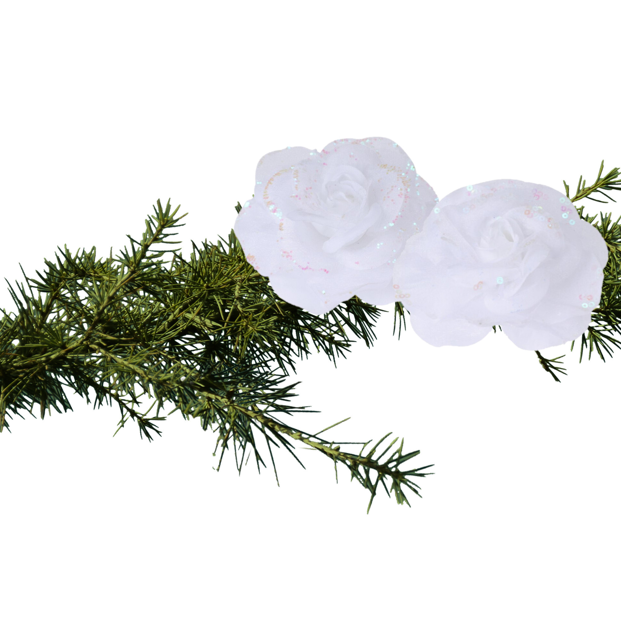 2x stuks kerstboom decoratie bloemen rozen wit op clip 9 cm -