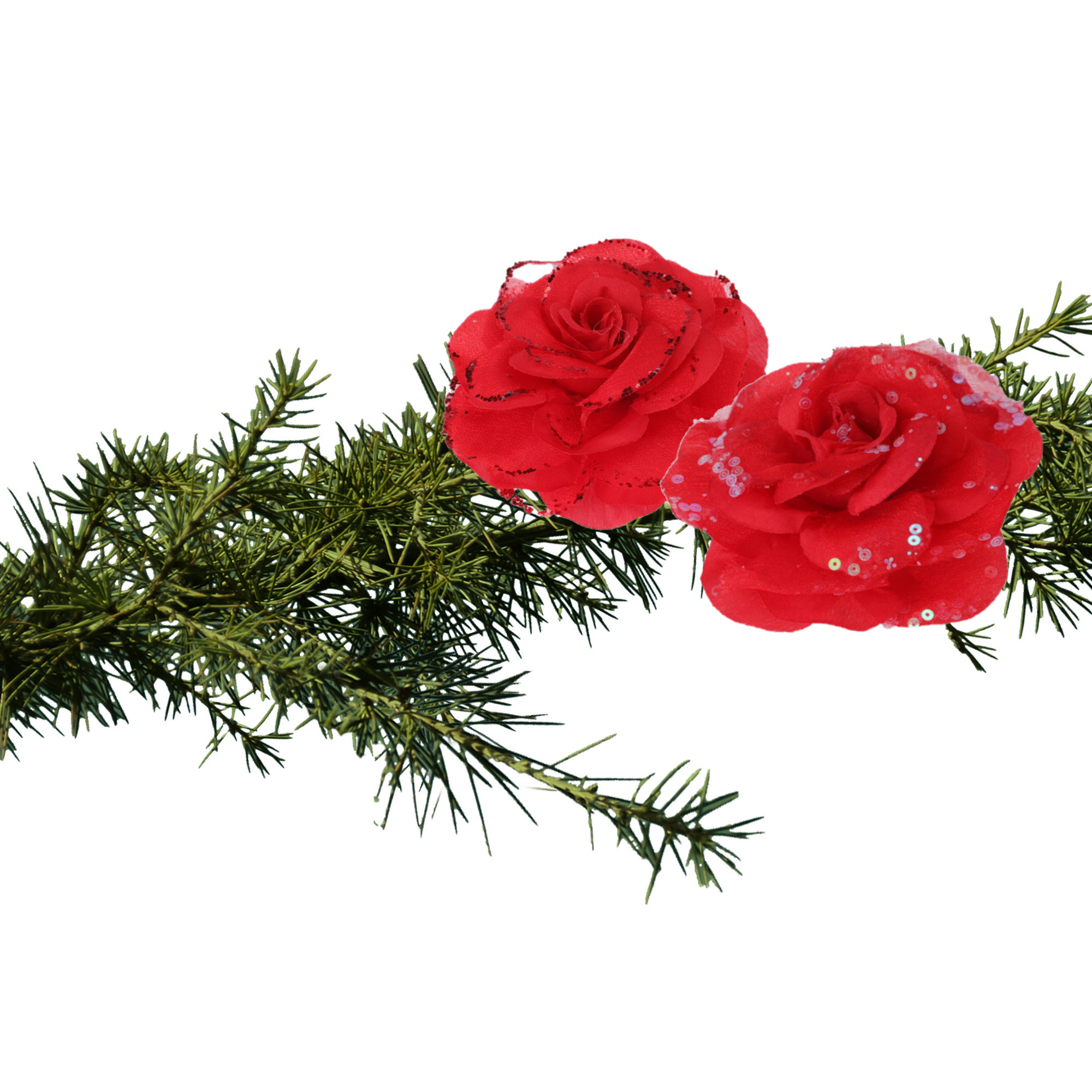 2x stuks kerstboom decoratie bloemen rozen rood op clip 9 cm -