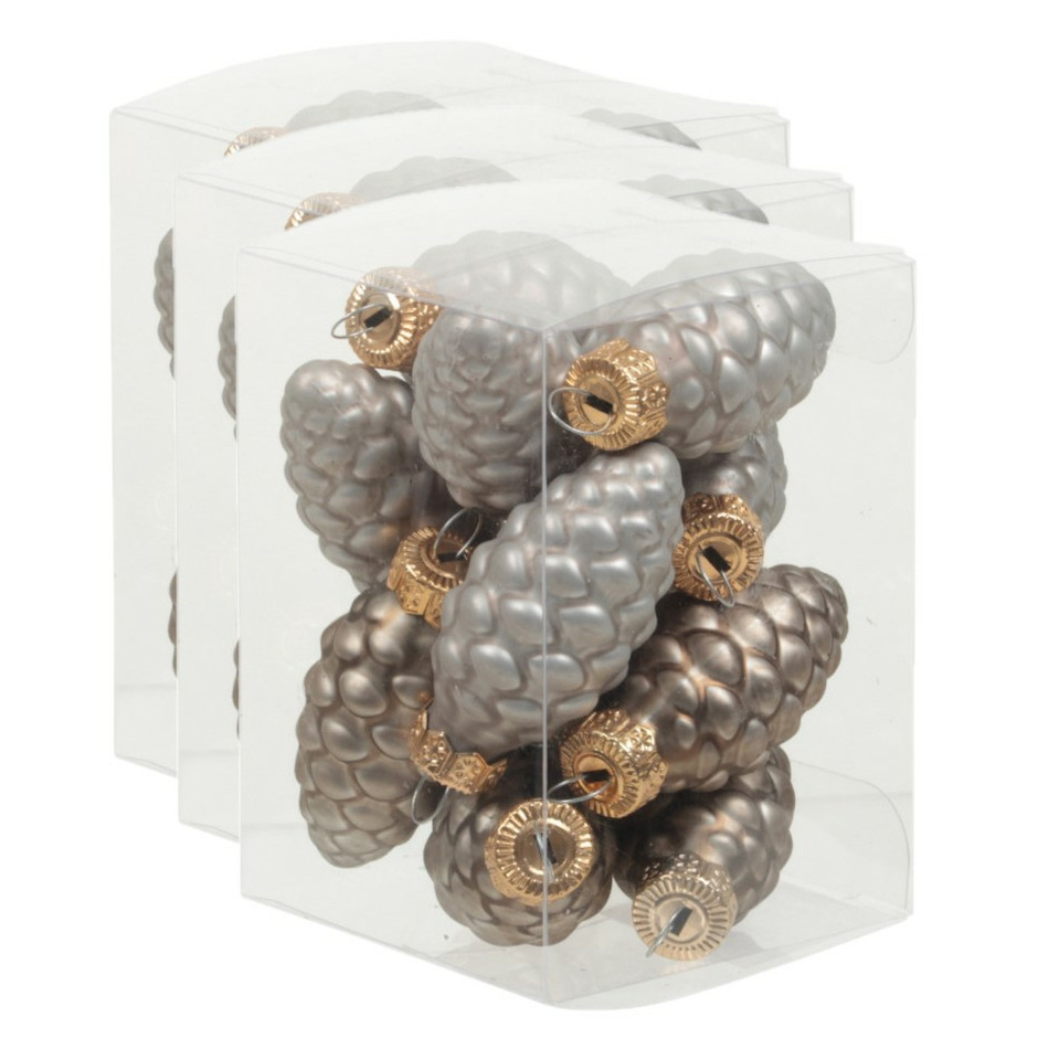 36x stuks glazen dennenappels kersthangers eucalyptus grijs/bruin 6 cm mat/glans -
