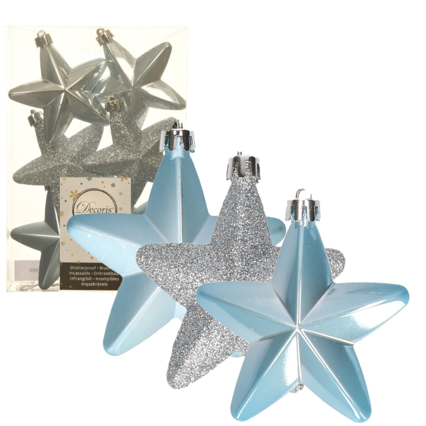 Decoris kersthanger sterren - 6x st - lichtblauw - 7 cm - kunststof - kerstornamenten -