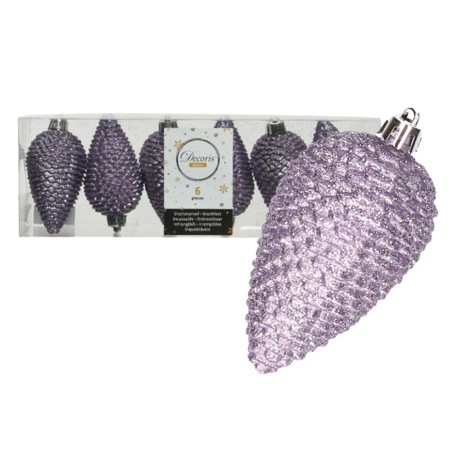 Kersthangers dennenappels - 6x st - lila paars - glitter - 8 cm - kunststof - kerstversiering -