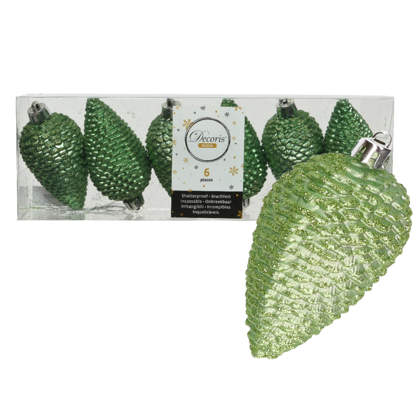 Kersthangers dennenappels - 6x st - groen - glitter - 8 cm - kunststof - kerstversiering -