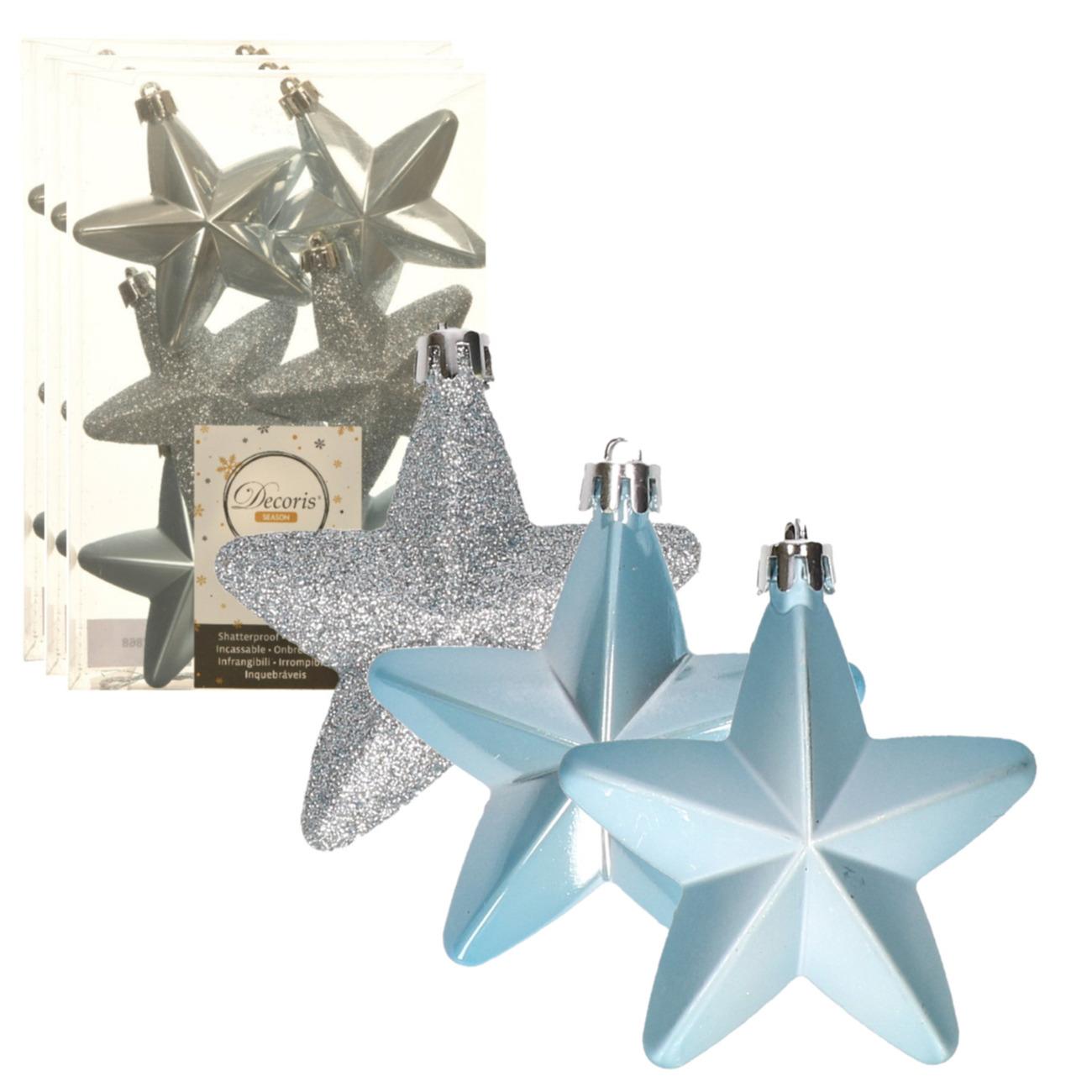 18x stuks kunststof sterren kersthangers lichtblauw 7 cm -